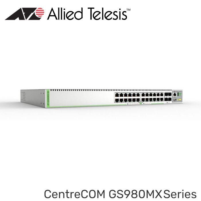 GS980MX-28-The-CentreCOM-GS980MX28-stackable-Gigabit-Layer-3-Lite-switch-features-24-x-100M1G-ports-and-4-x-10G-uplinks