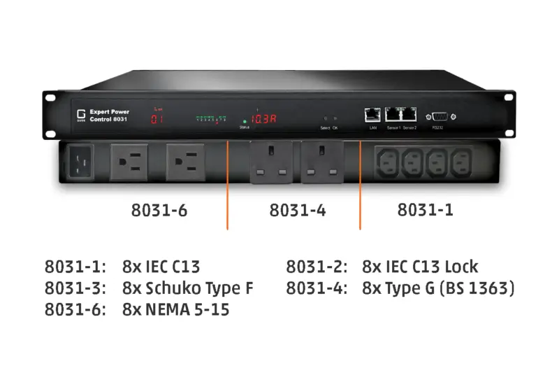 8-fold switched and metered PDU, 1 x 16 A, 8 x British 3-pin Type G rear, 2 sensor connectors