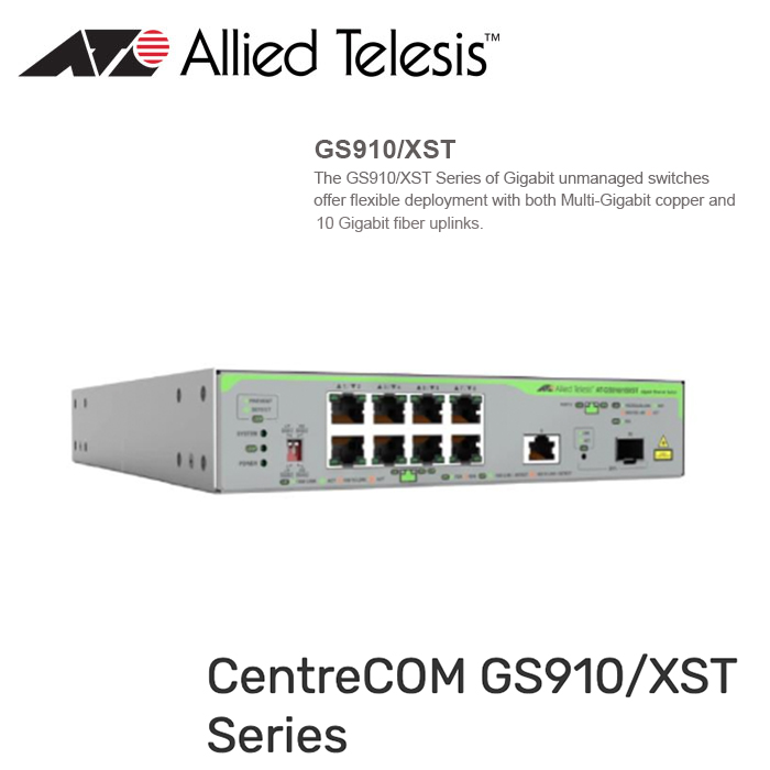 AT-GS910-10XST-10-Gigabit-Unmanged-Switch-with-10G-uplink-8x-10-100M-1G-T-1x-100M-1-2-5-5-10G-T-1x-SFP-with-internal-PSU