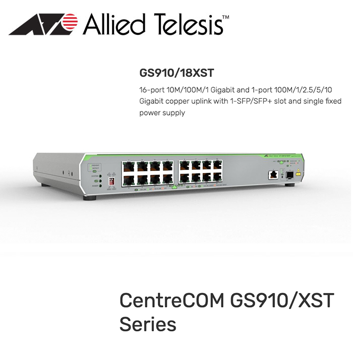 AT-GS910-18XST-10-Gigabit-Unmanged-Switch-with-10G-uplink-16x-10-100M-1G-T-1x-100M-1-2-5-5-10G-T-1x-SFP-with-internal-PSU