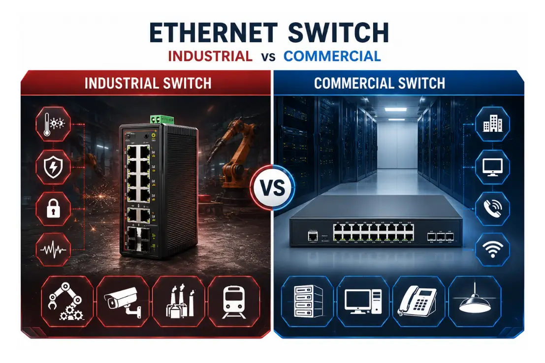 Commercial Ethernet Switch vs Industrial Ethernet Switch ต่างกันอย่างไร?