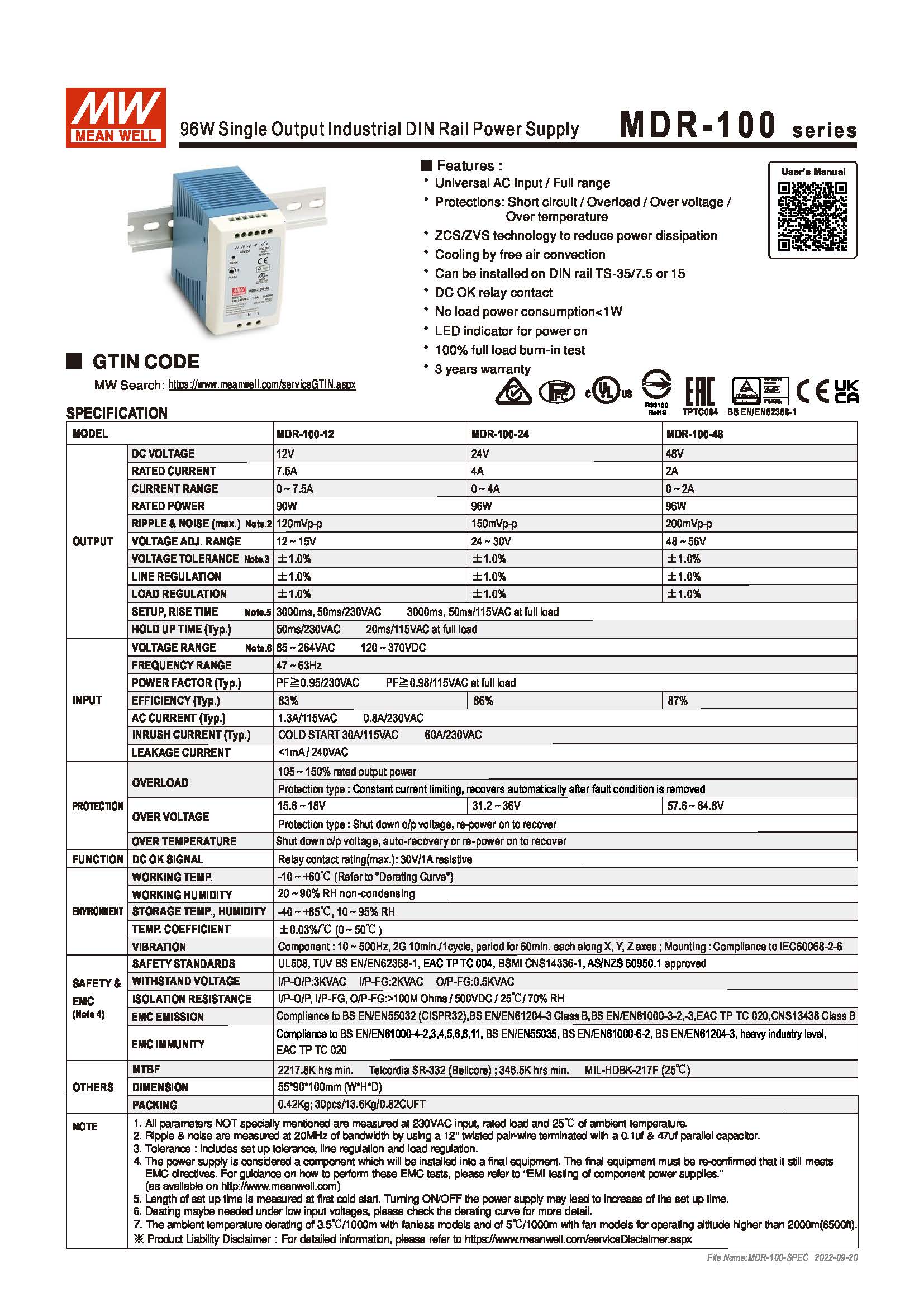 (Meanwell)Industrial DIN-Rail Power adapter 96W Single Output Industrial DIN Rail Power Supply MDR-100-24