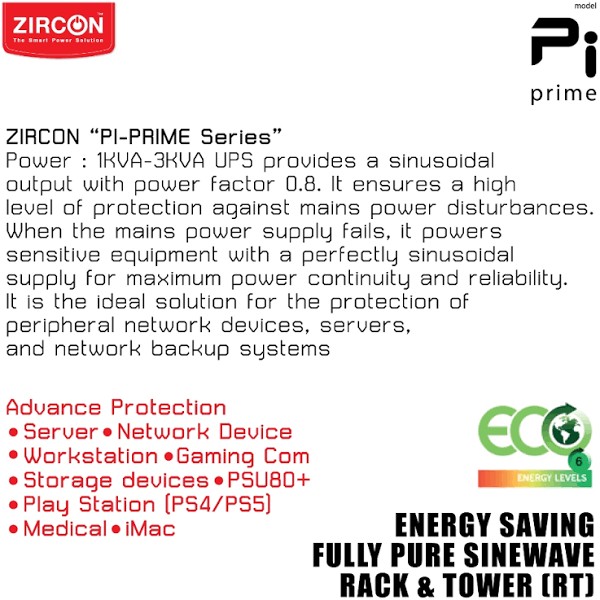 เครื่องสำรองไฟ ZIRCON UPS PI PRIME 2000VA / 1600W / LINEINTERACTIVE / PURESINEWAVE