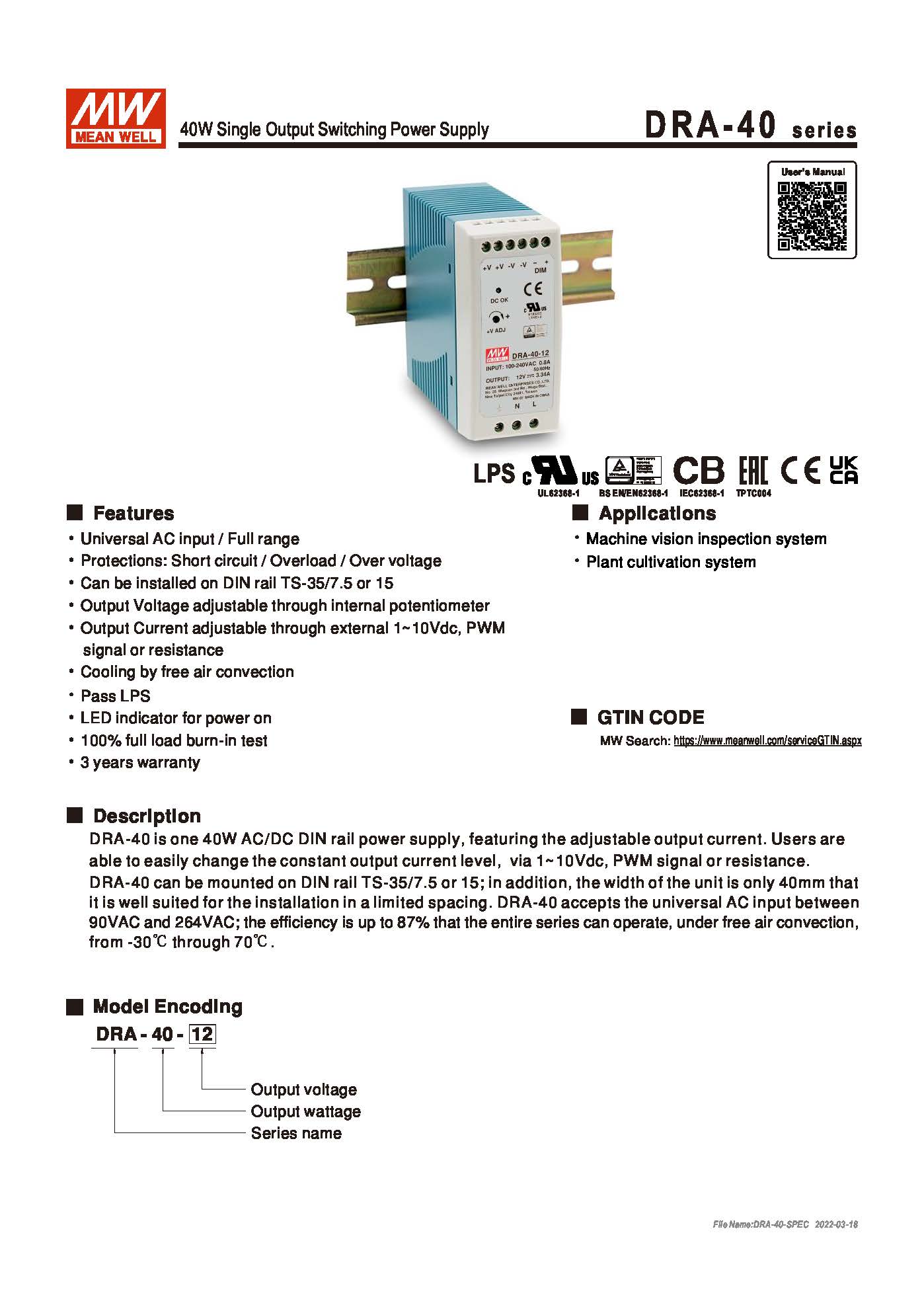(Meanwell)Industrial DIN-Rail Power adapter 40W Single Output Switching Power Supply DRA-40-24
