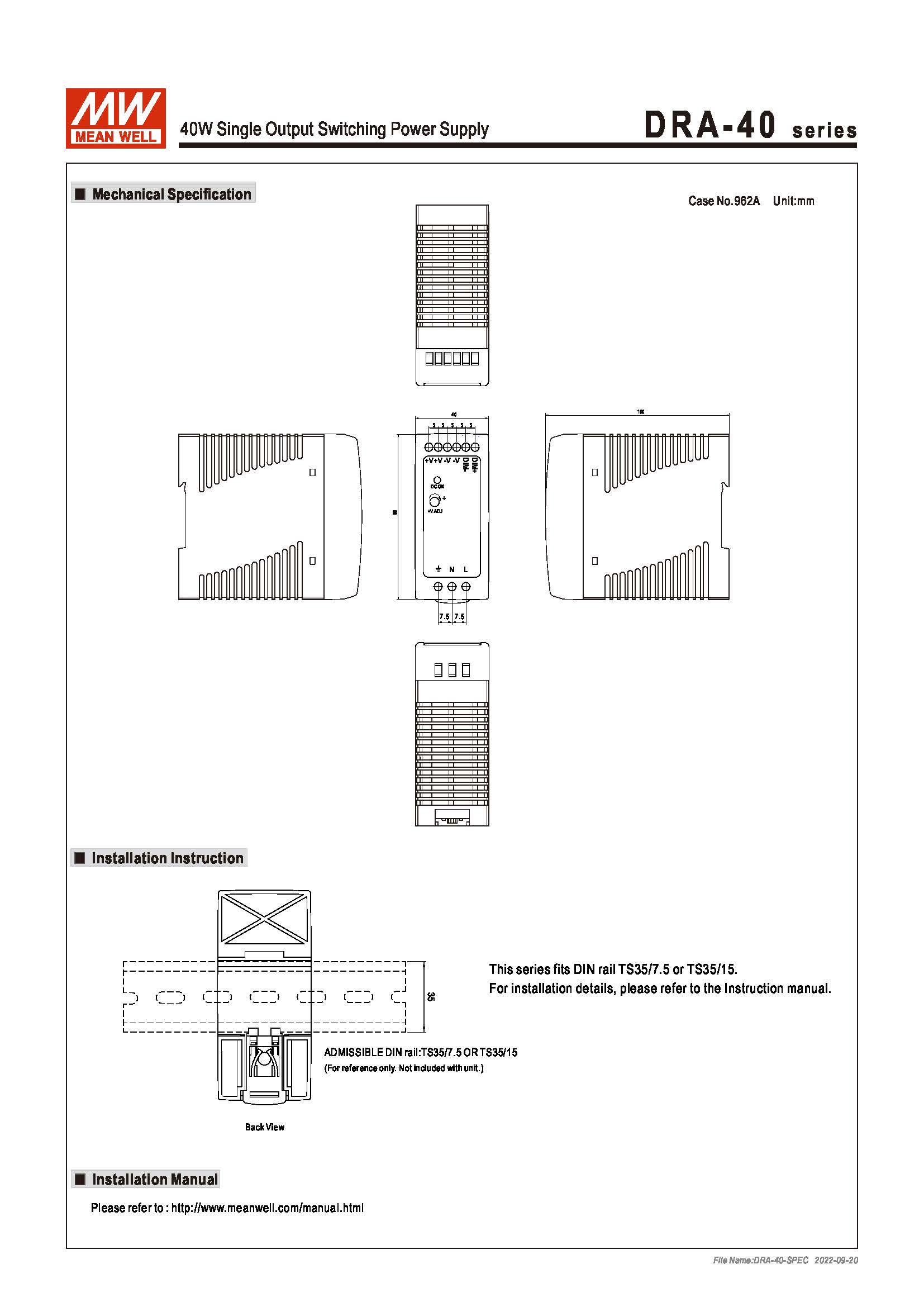 (Meanwell)Industrial DIN-Rail Power adapter 40W Single Output Switching Power Supply DRA-40-24