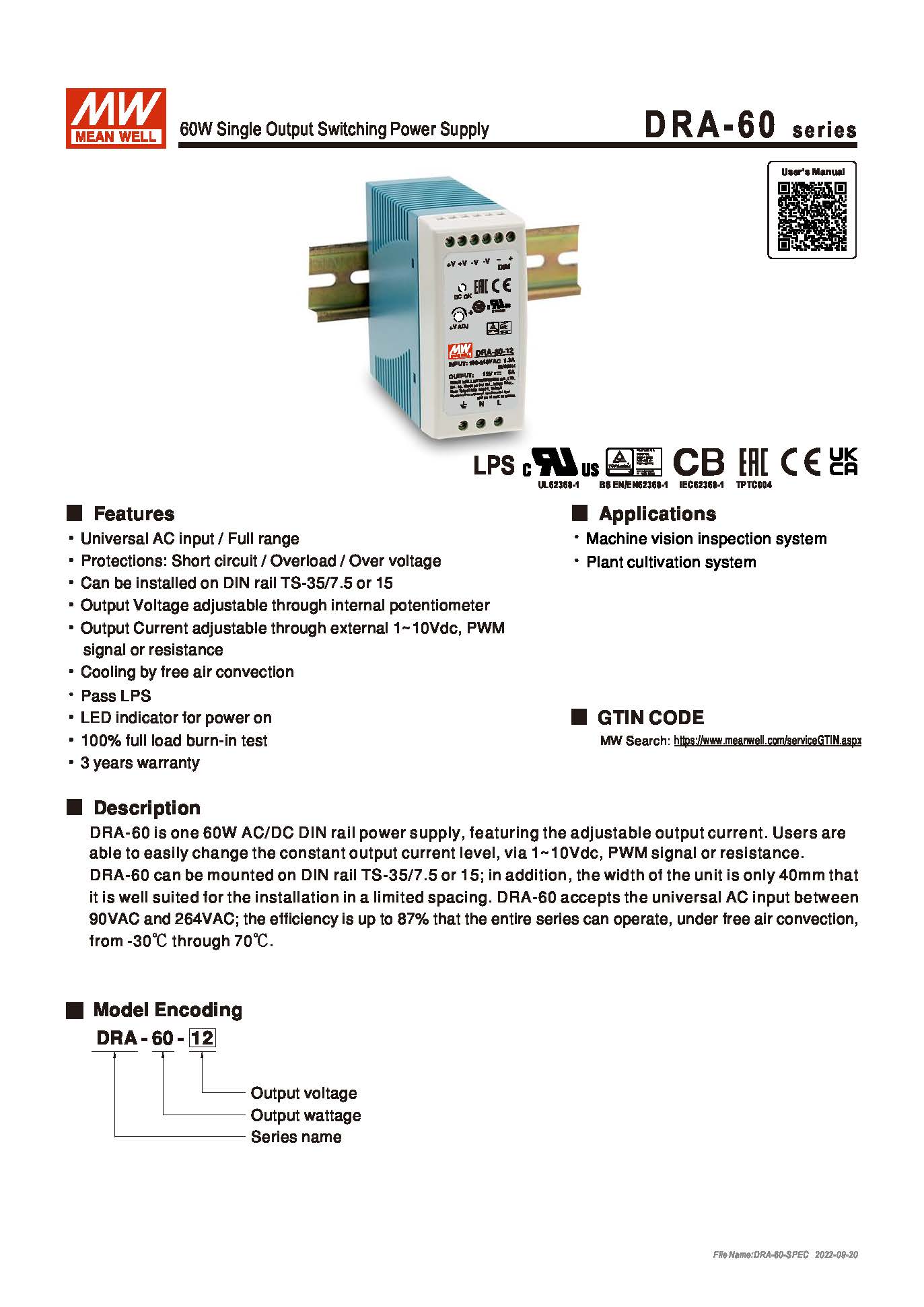 (Meanwell)Industrial DIN-Rail Power adapter 60W Single Output Switching Power Supply DRA-60-12