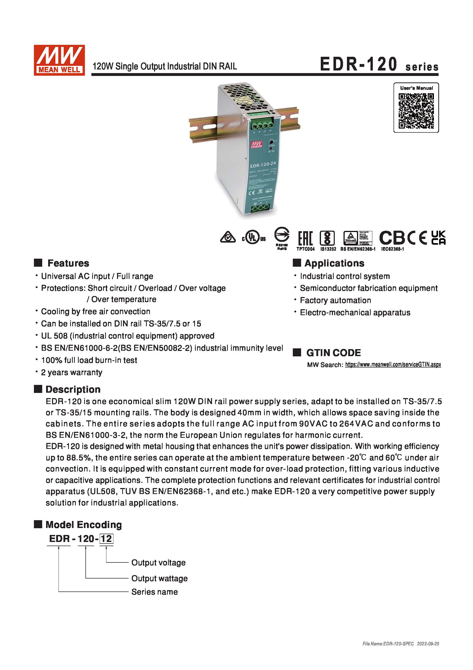(Meanwell)Industrial DIN-Rail Power adapter 120W Single Output Industrial DIN RAIL EDR-120-24