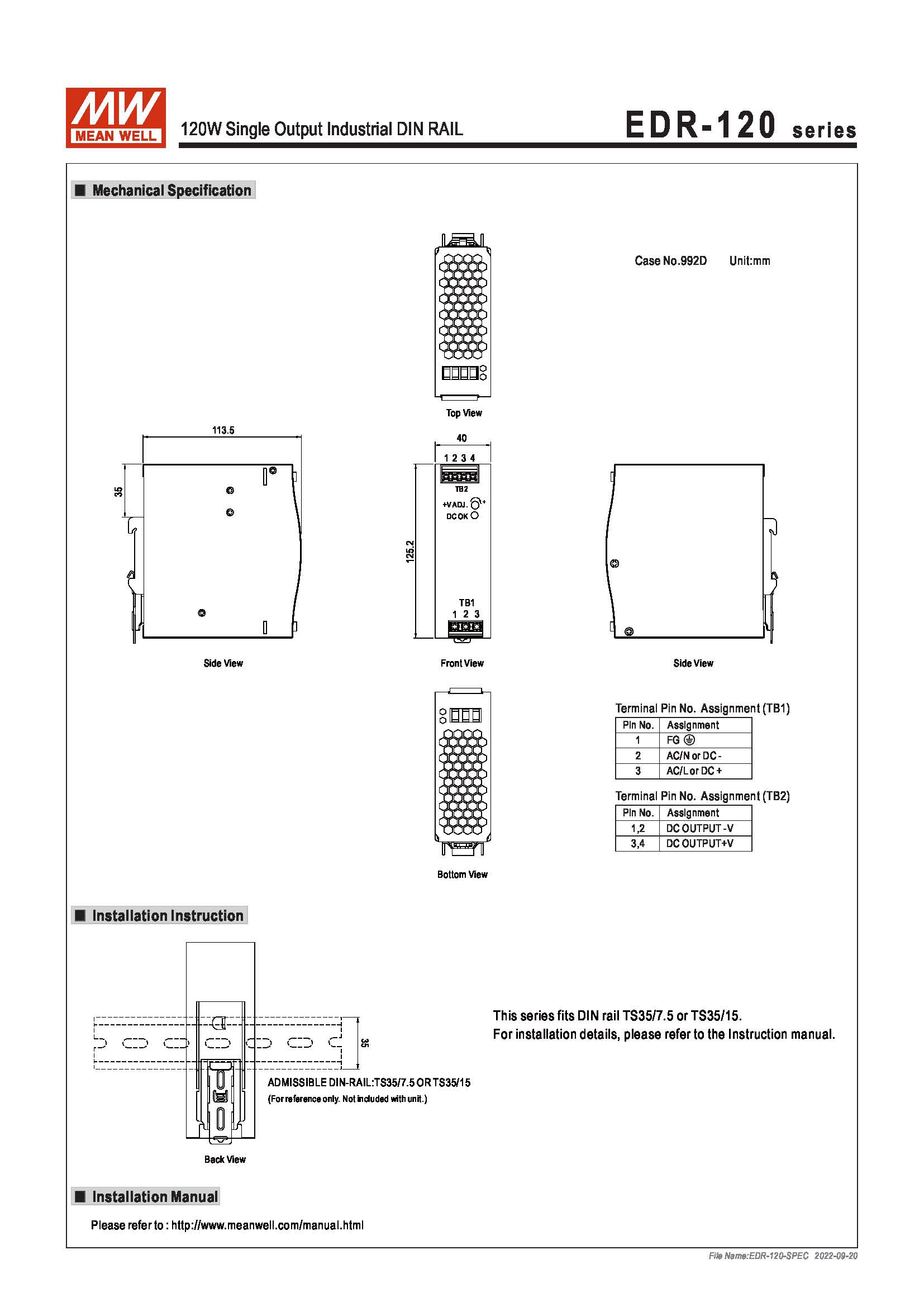 (Meanwell)Industrial DIN-Rail Power adapter 120W Single Output Industrial DIN RAIL EDR-120-24