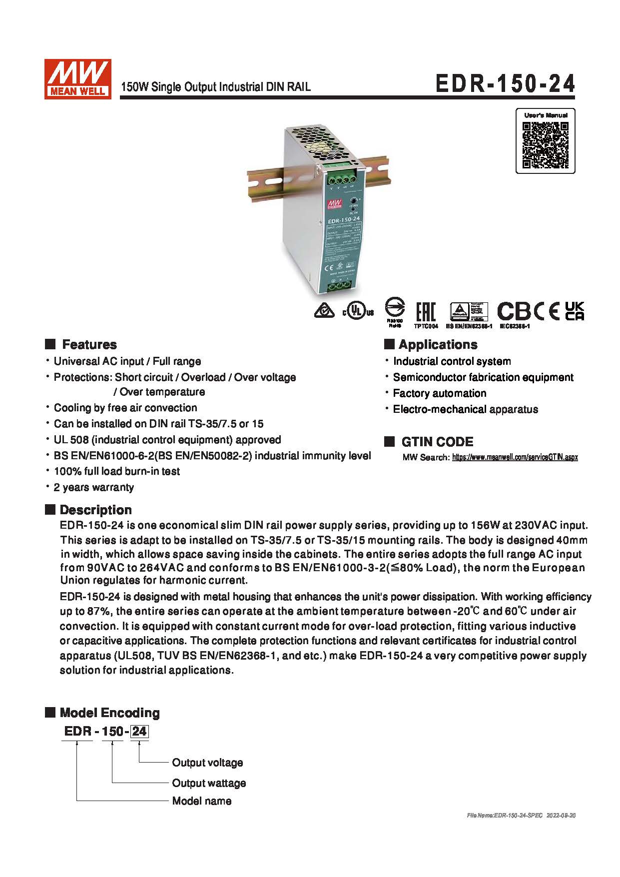 (Meanwell)Industrial DIN-Rail Power adapter 150W Single Output Industrial DIN RAIL EDR-150-24