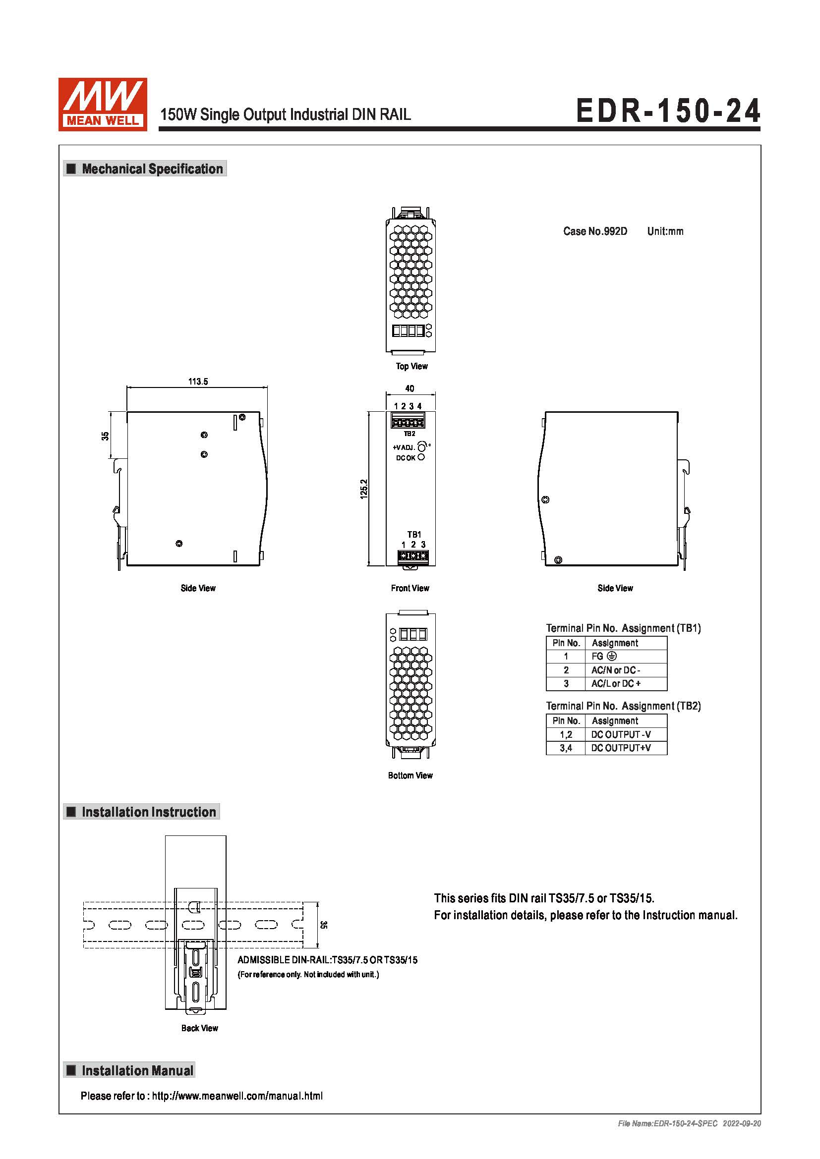 (Meanwell)Industrial DIN-Rail Power adapter 150W Single Output Industrial DIN RAIL EDR-150-24