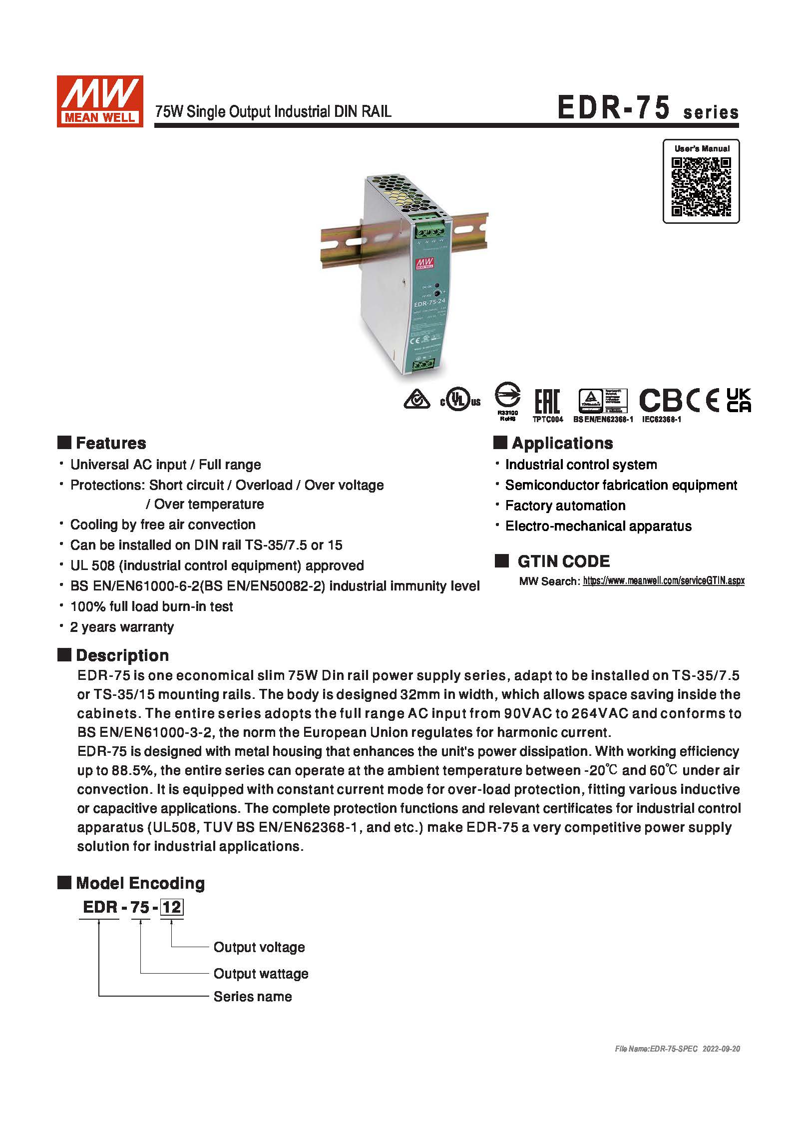 (Meanwell)Industrial DIN-Rail Power adapter 75W Single Output Industrial DIN RAIL EDR-75-48