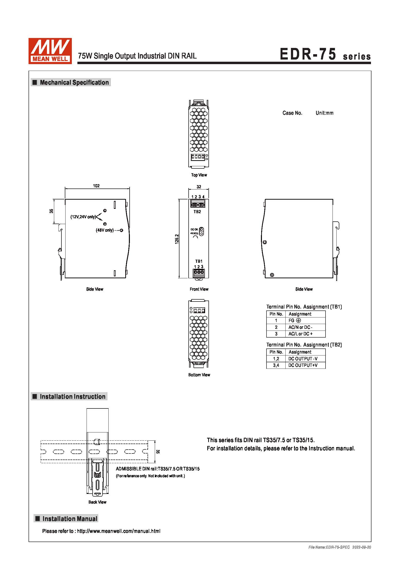 (Meanwell)Industrial DIN-Rail Power adapter 75W Single Output Industrial DIN RAIL EDR-75-48