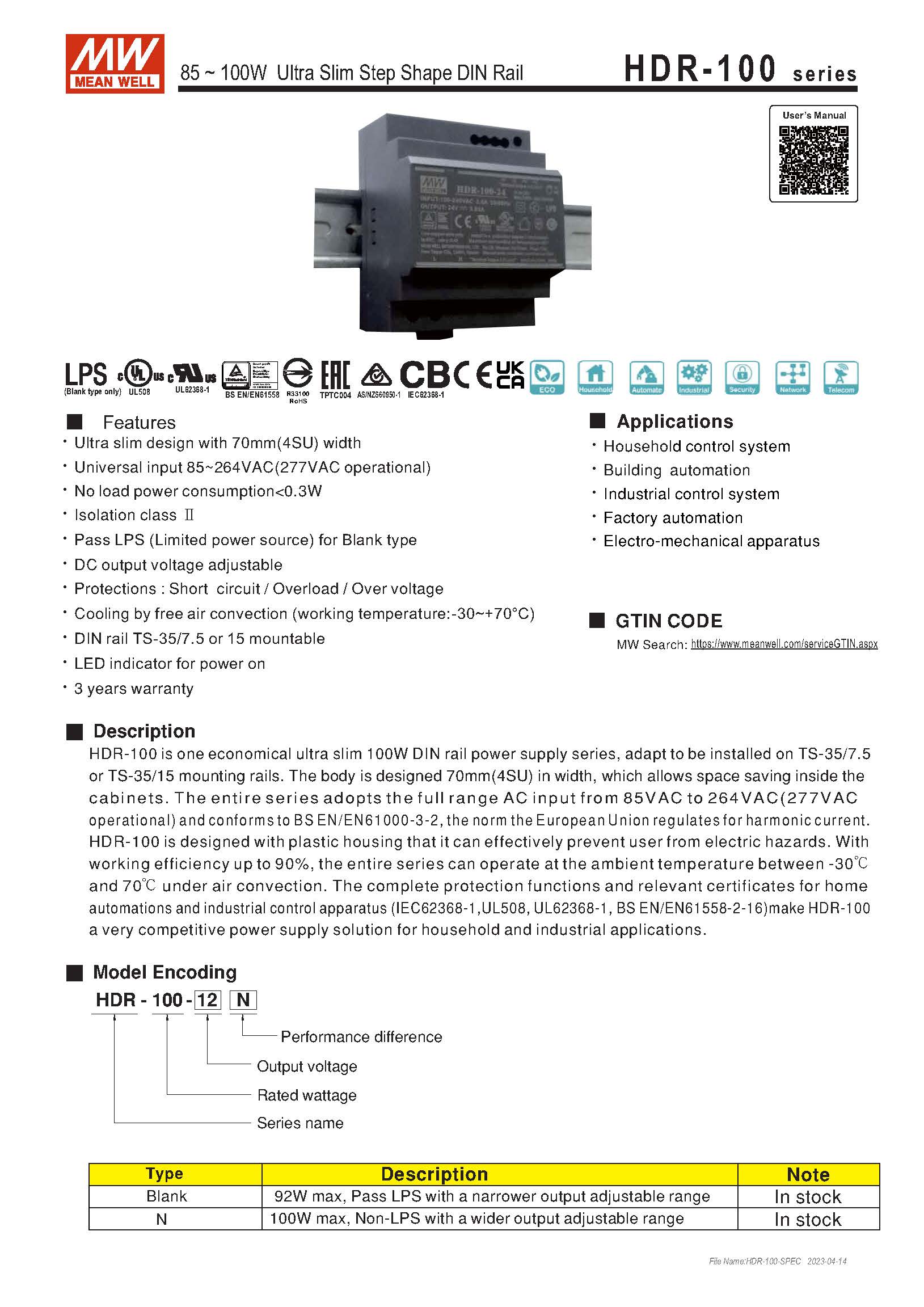 (Meanwell)Industrial DIN-Rail Power adapter 85 ~ 100W Ultra Slim Step Shape DIN Rail HDR-100-48N