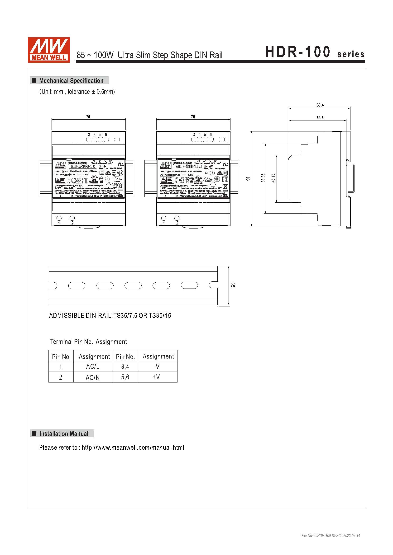 (Meanwell)Industrial DIN-Rail Power adapter 85 ~ 100W Ultra Slim Step Shape DIN Rail HDR-100-48N