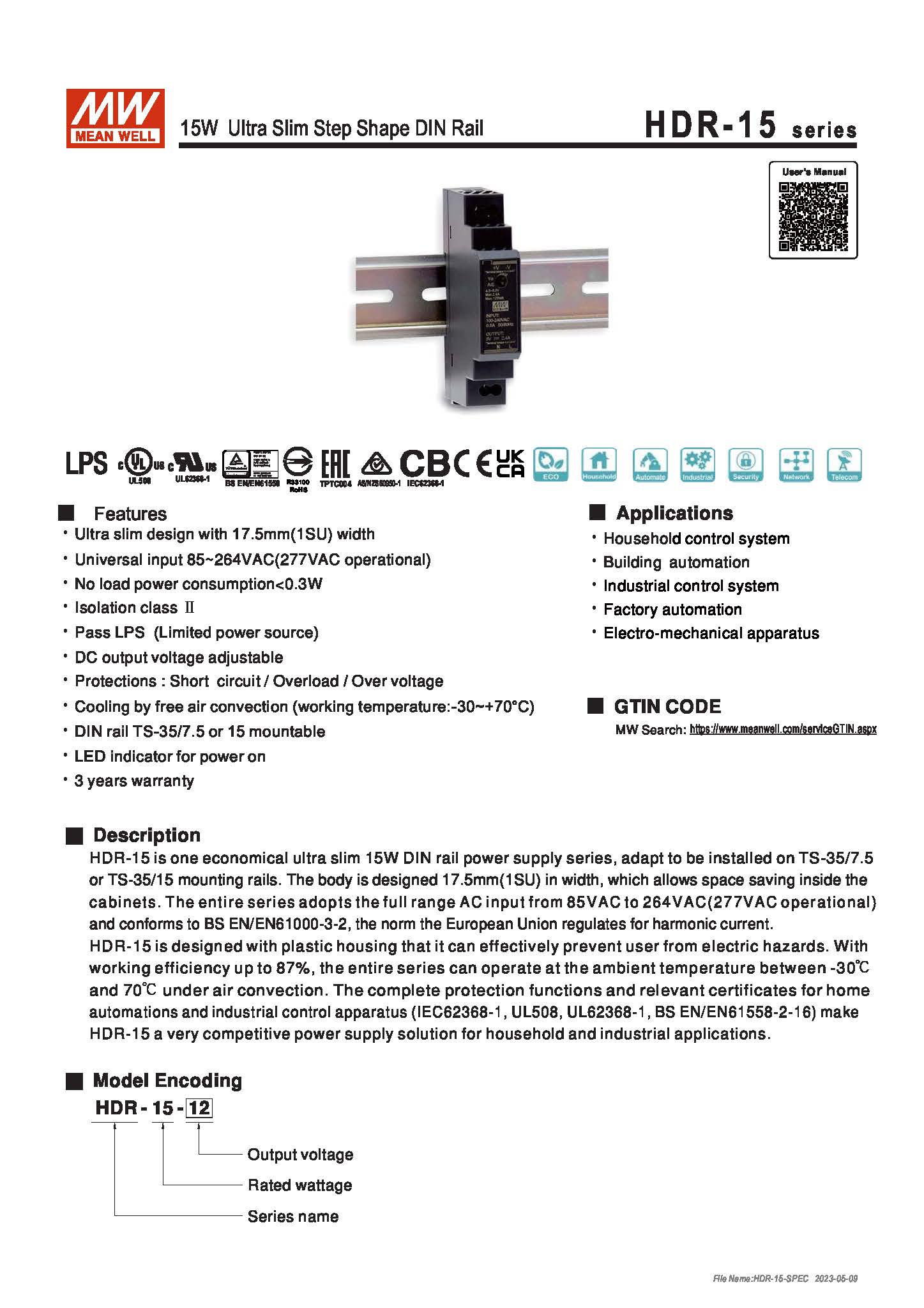 (Meanwell)Industrial DIN-Rail Power adapter 15W Ultra Slim Step Shape DIN Rail(12VDC)