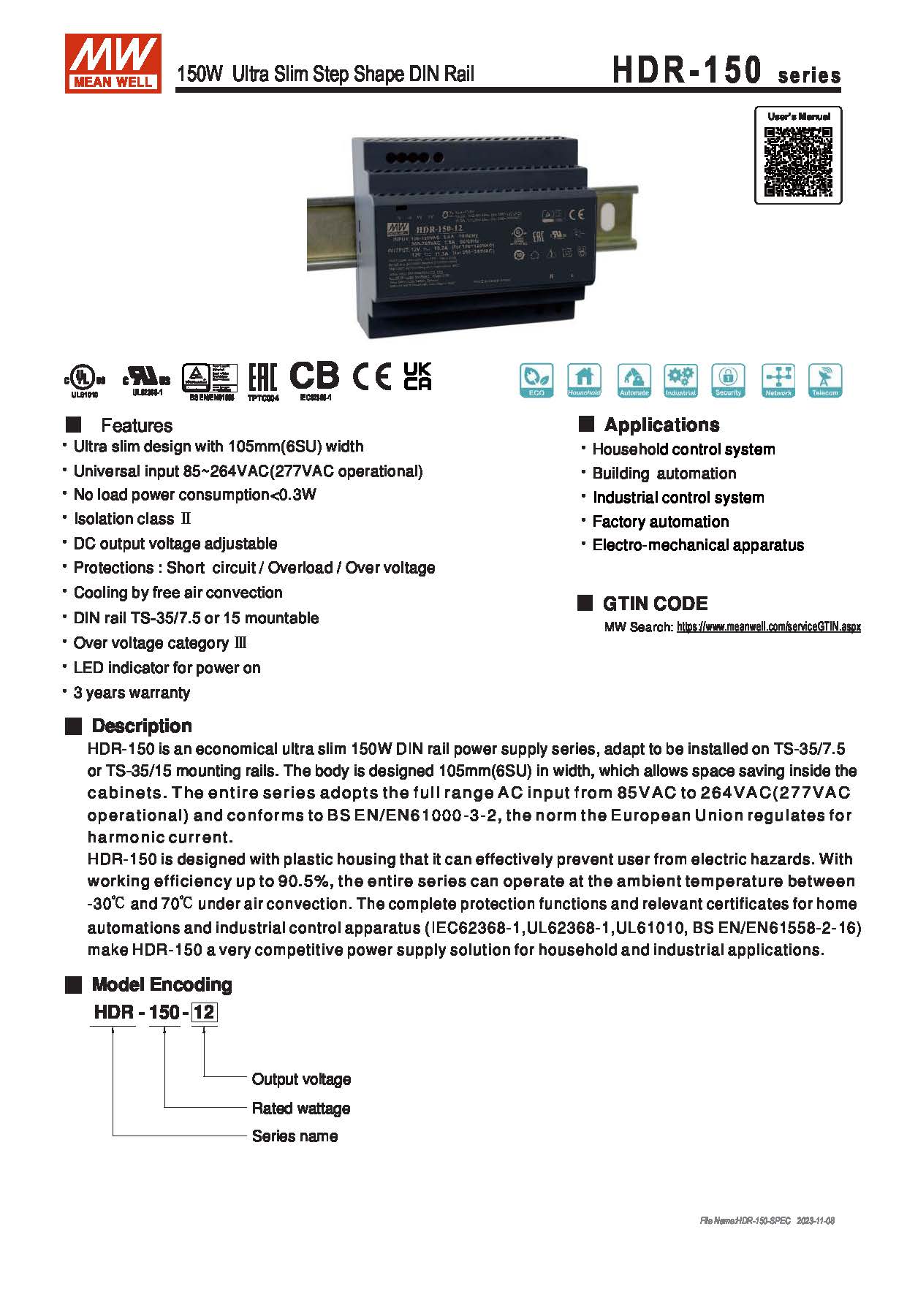 (Meanwell)Industrial DIN-Rail Power adapter 150W Ultra Slim Step Shape DIN Rail HDR-150-48