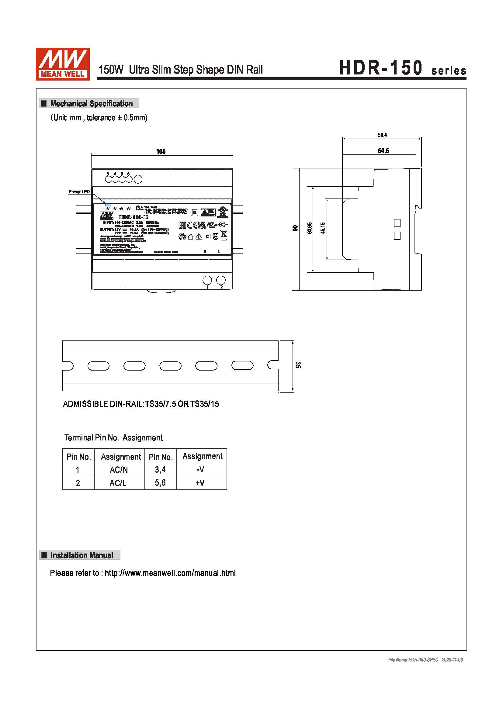 (Meanwell)Industrial DIN-Rail Power adapter 150W Ultra Slim Step Shape DIN Rail HDR-150-48