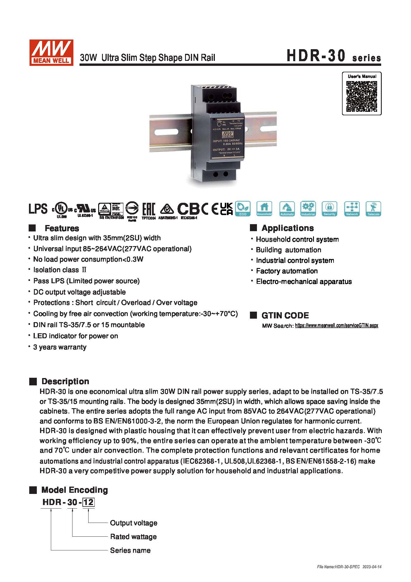 (Meanwell)Industrial DIN-Rail Power adapter 30W Ultra Slim Step Shape DIN Rail HDR-30-24