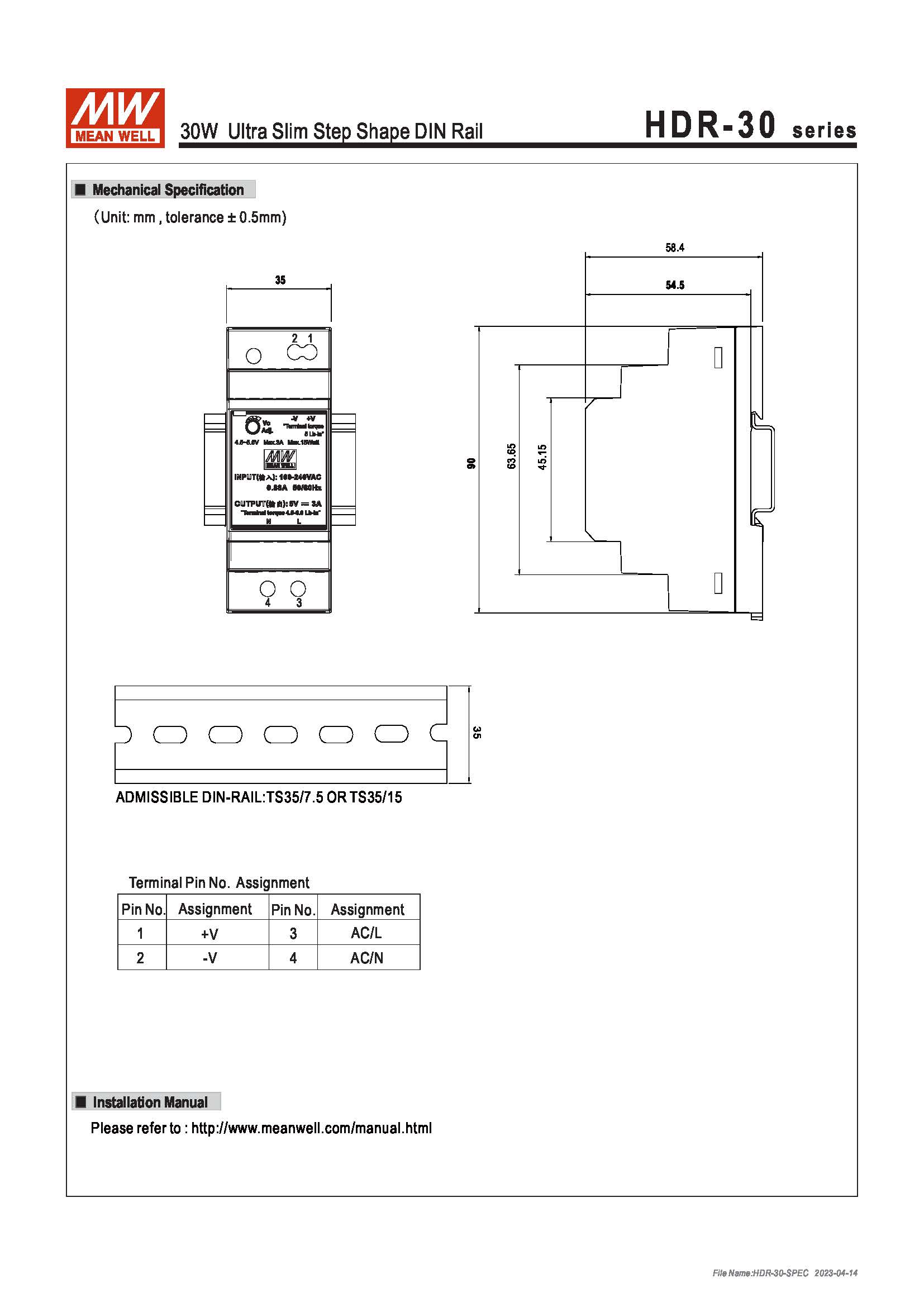 (Meanwell)Industrial DIN-Rail Power adapter 30W Ultra Slim Step Shape DIN Rail HDR-30-24