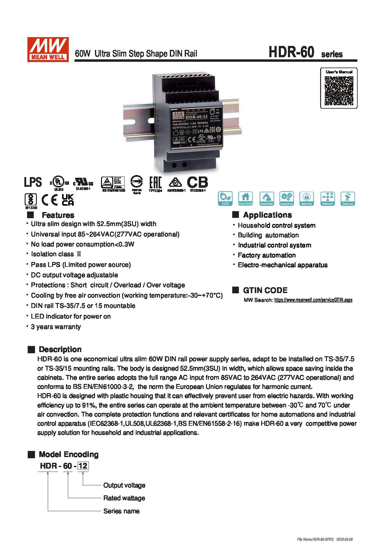 (Meanwell)Industrial DIN-Rail Power adapter 60W Ultra Slim Step Shape DIN Rail HDR-60-5