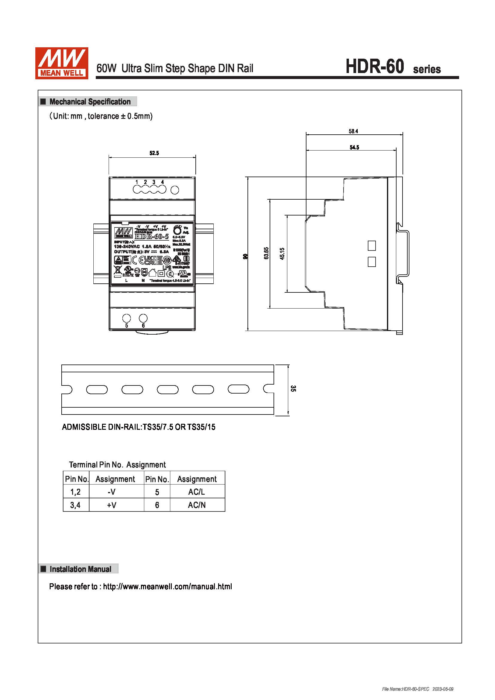 (Meanwell)Industrial DIN-Rail Power adapter 60W Ultra Slim Step Shape DIN Rail HDR-60-5