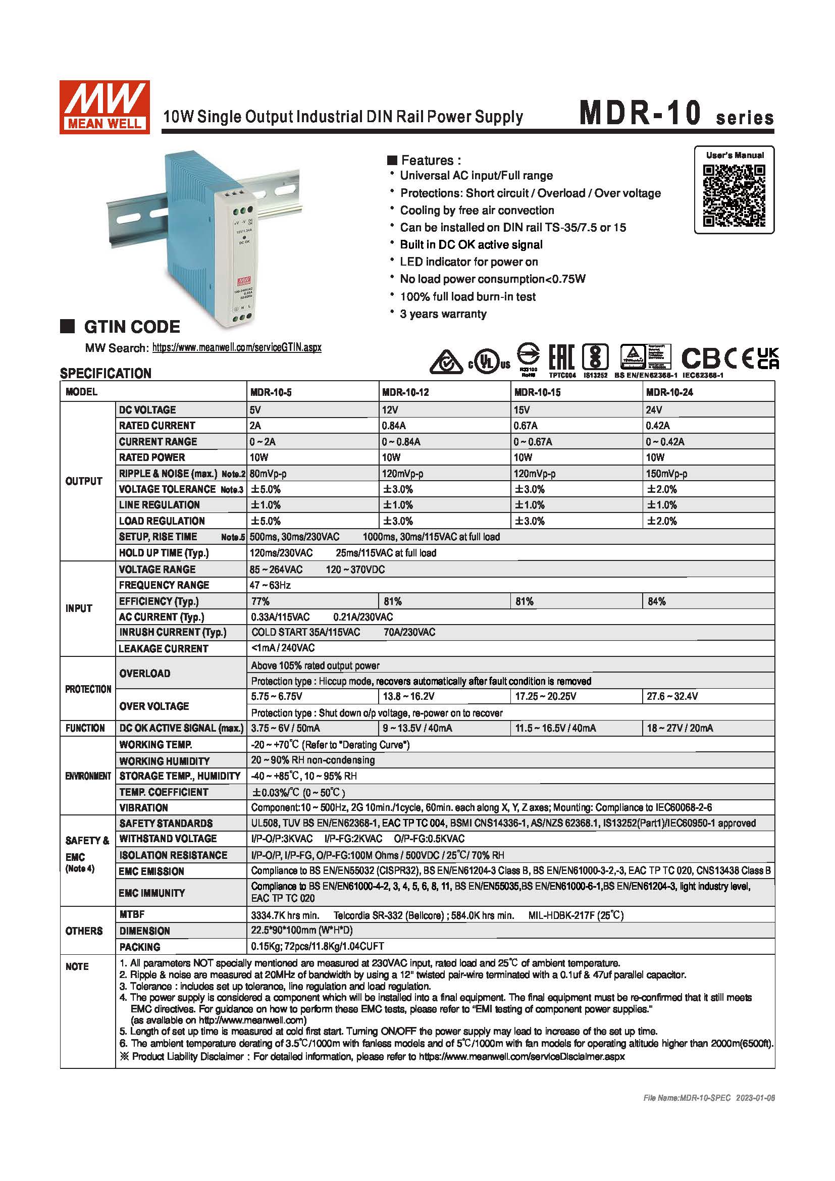 (Meanwell)Industrial DIN-Rail Power adapter 10W Single Output Industrial DIN Rail Power Supply MDR-10-24