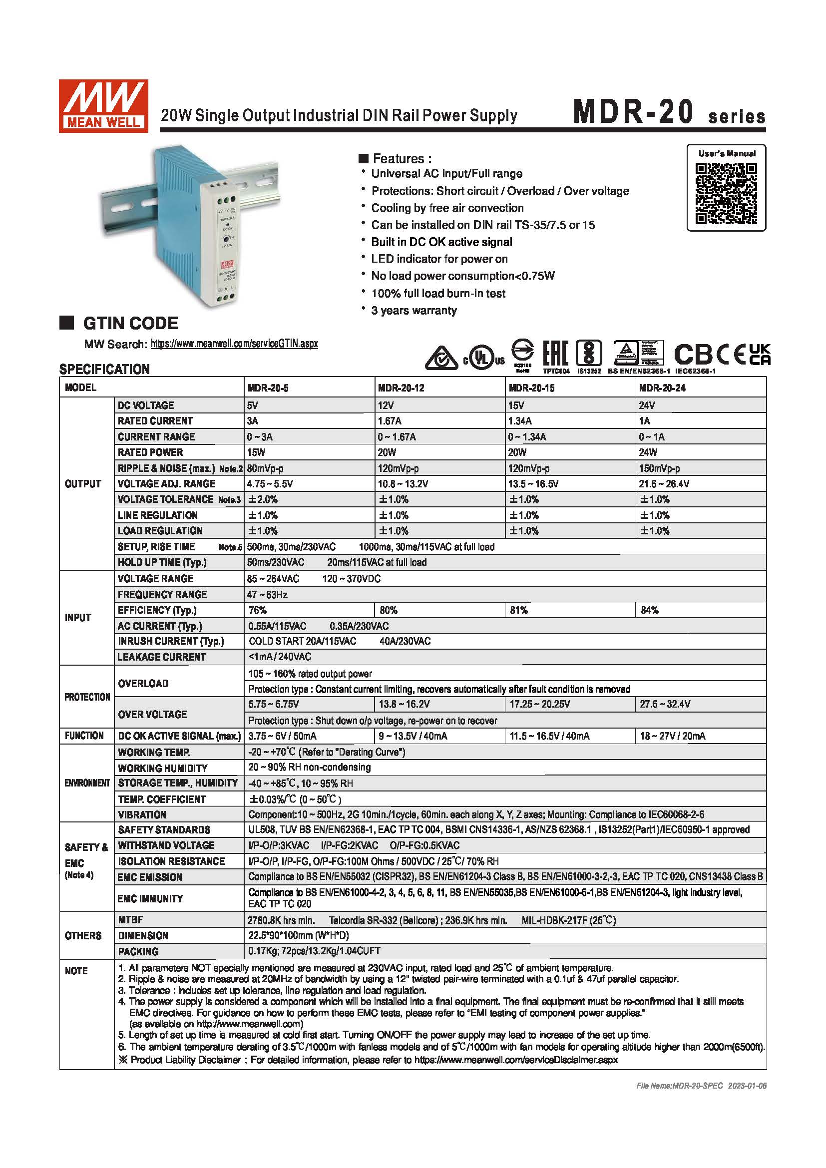 (Meanwell)Industrial DIN-Rail Power adapter 20W Single Output Industrial DIN Rail Power Supply MDR-20-15