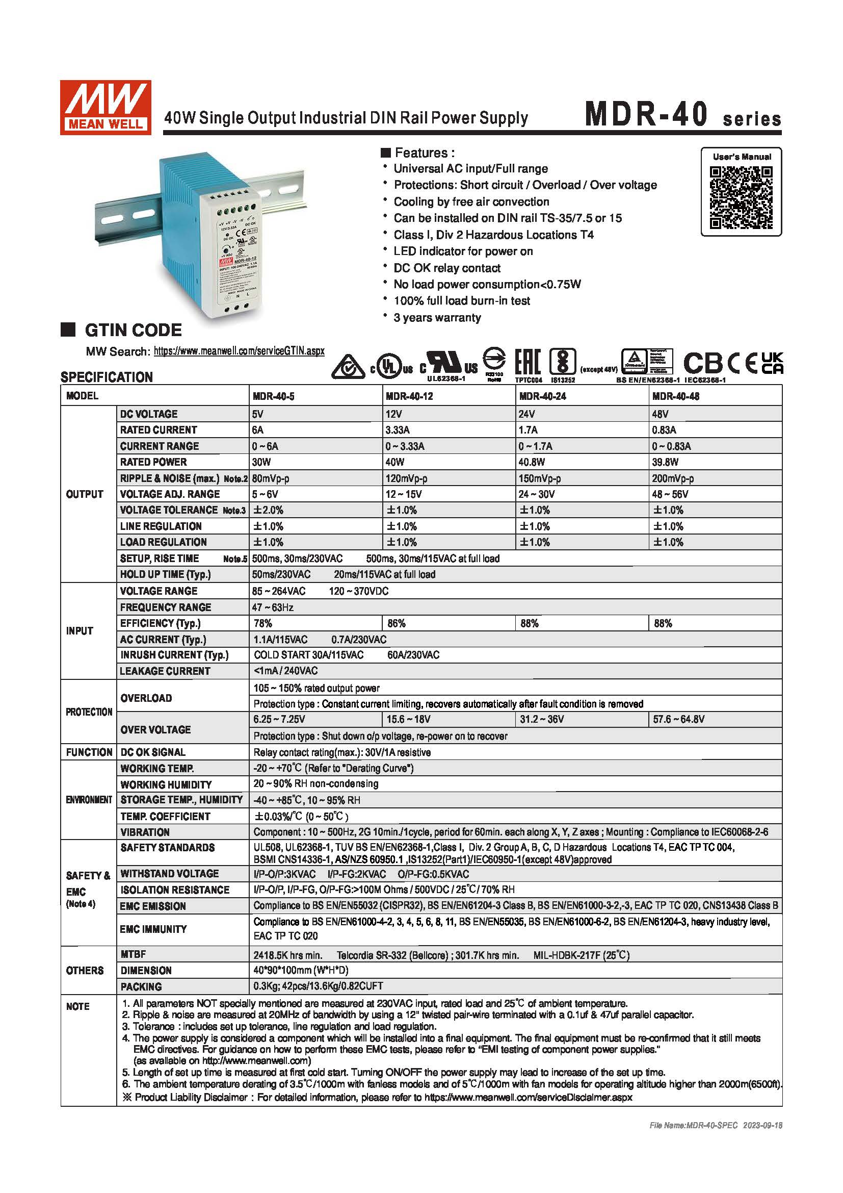 (Meanwell)Industrial DIN-Rail Power adapter 40W Single Output Industrial DIN Rail Power Supply MDR-40-5