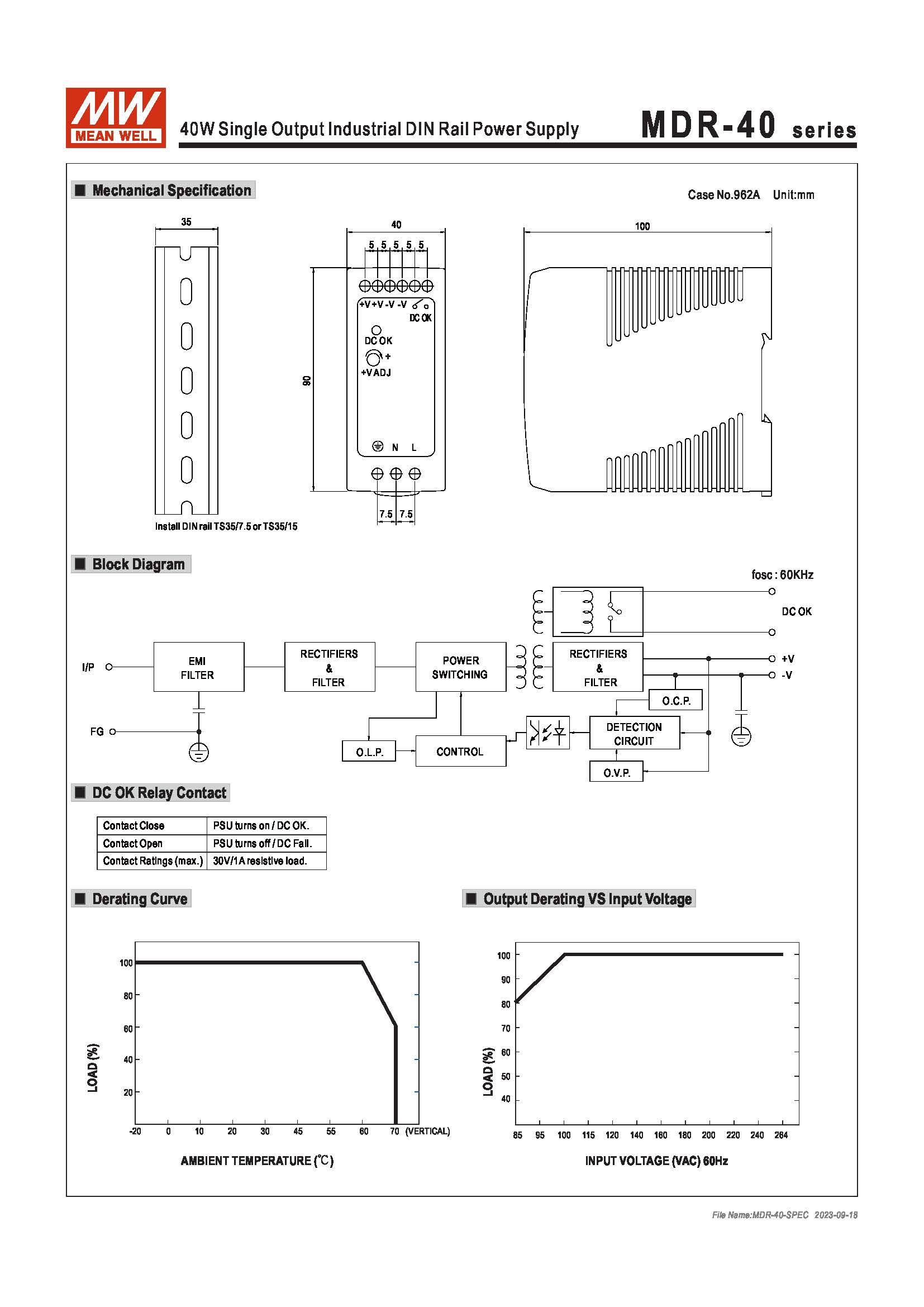 (Meanwell)Industrial DIN-Rail Power adapter 40W Single Output Industrial DIN Rail Power Supply MDR-40-5