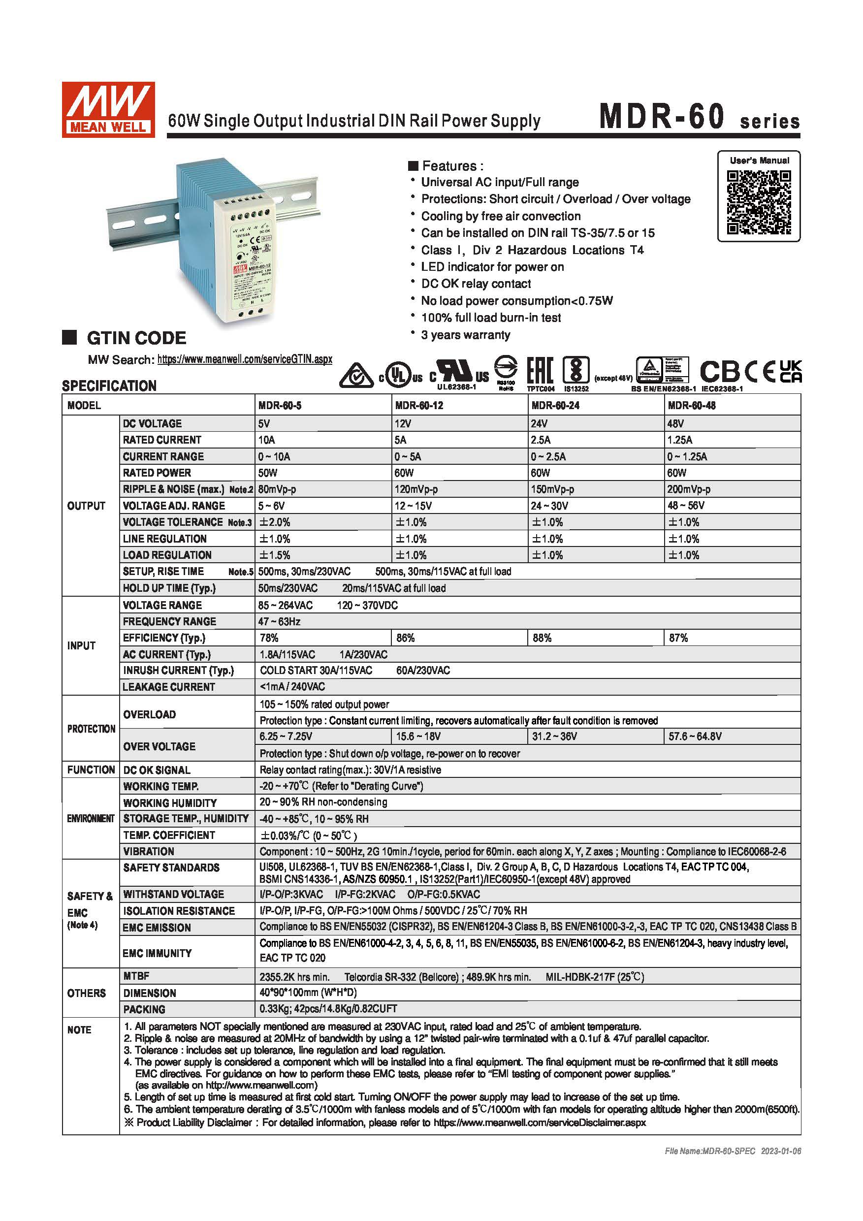 (Meanwell)Industrial DIN-Rail Power adapter 60W Single Output Industrial DIN Rail Power Supply MDR-60-5