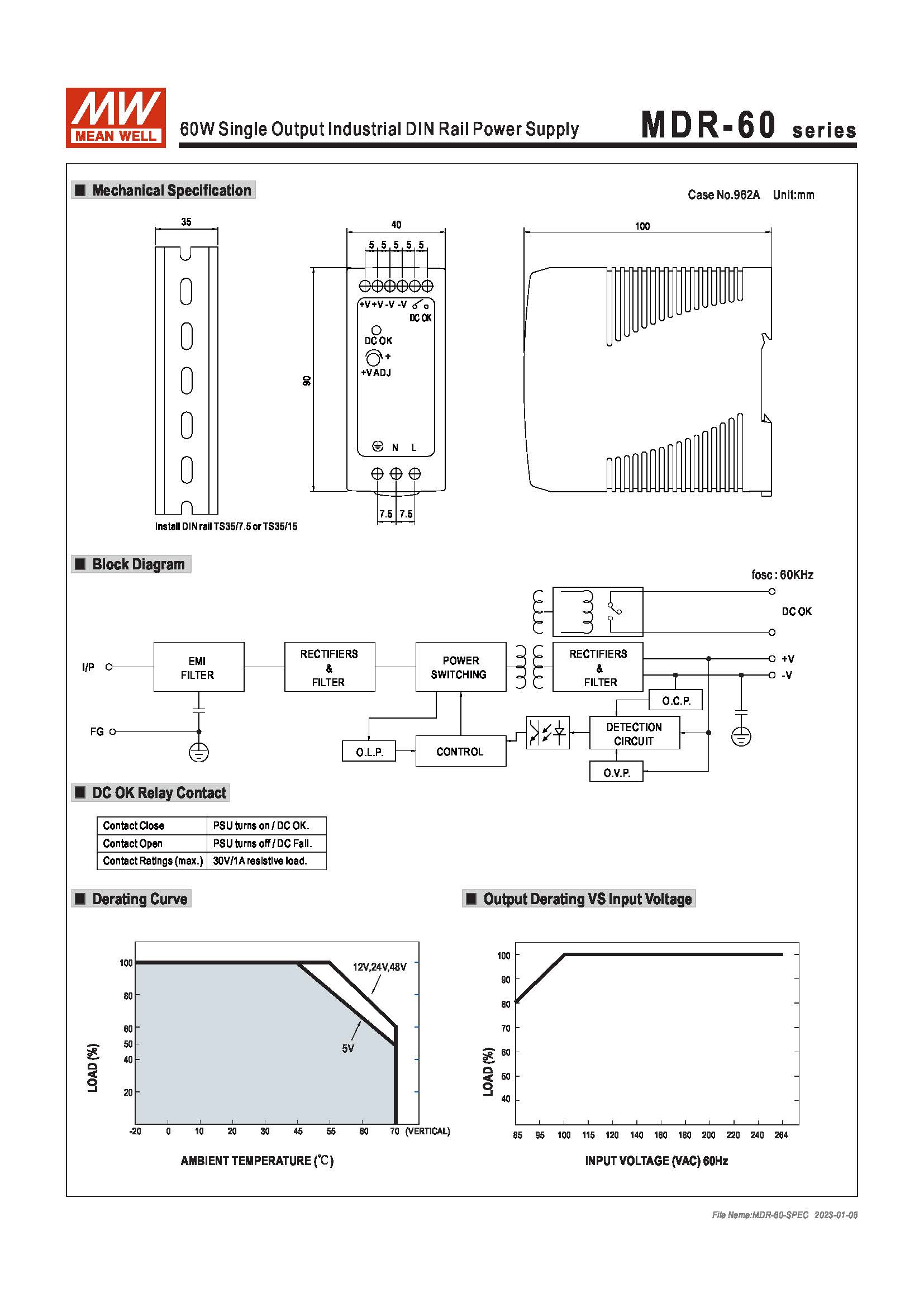(Meanwell)Industrial DIN-Rail Power adapter 60W Single Output Industrial DIN Rail Power Supply MDR-60-5
