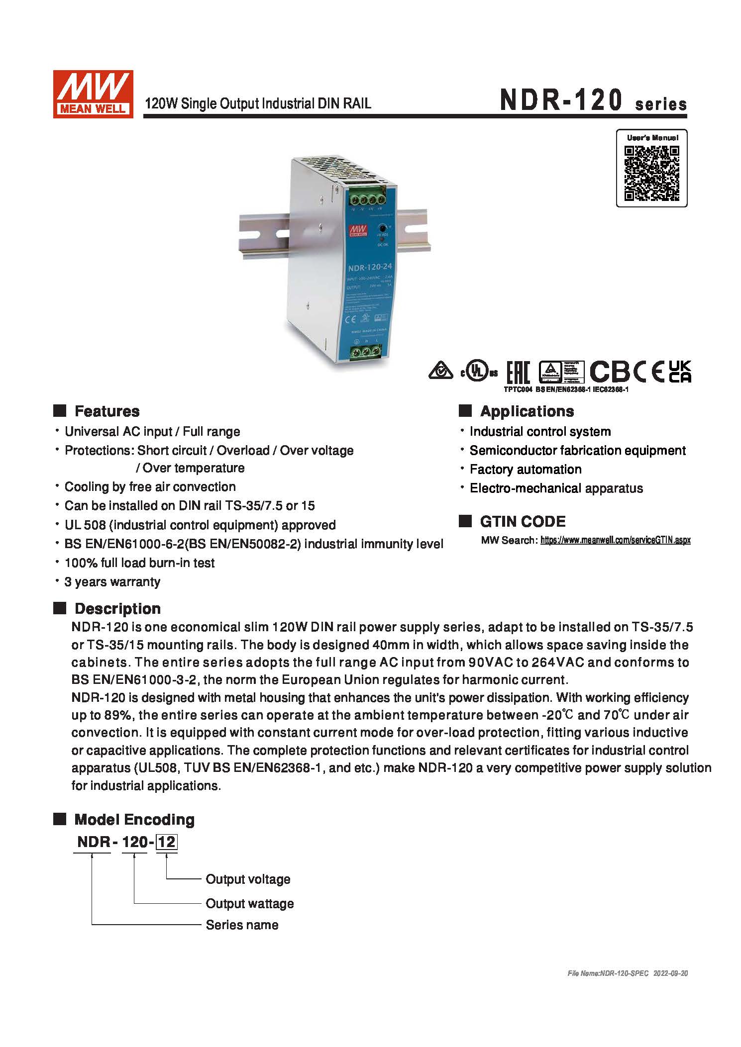 (Meanwell)Industrial DIN-Rail Power adapter 120W Single Output Industrial DIN RAIL NDR-120-12
