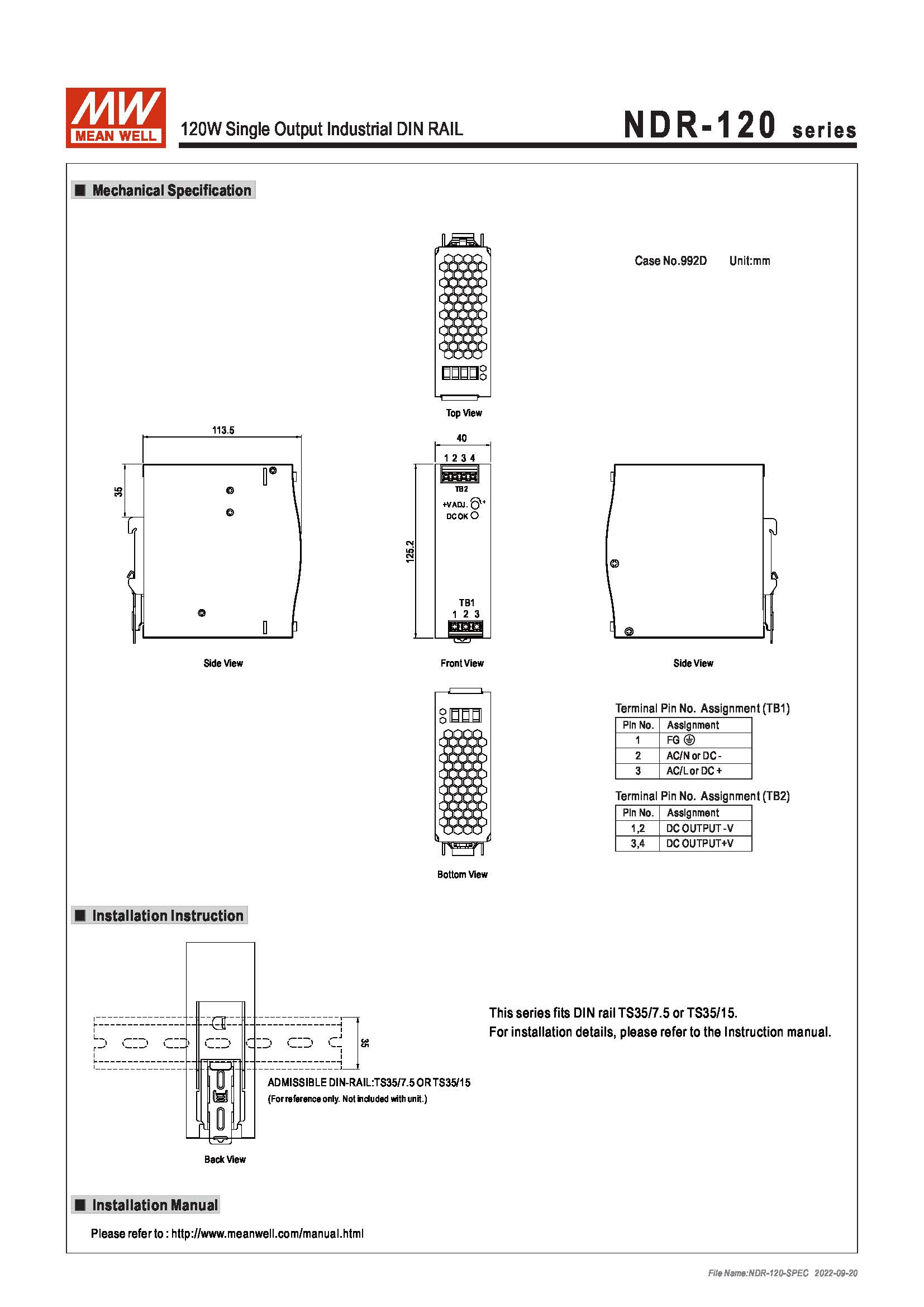 (Meanwell)Industrial DIN-Rail Power adapter 120W Single Output Industrial DIN RAIL NDR-120-12