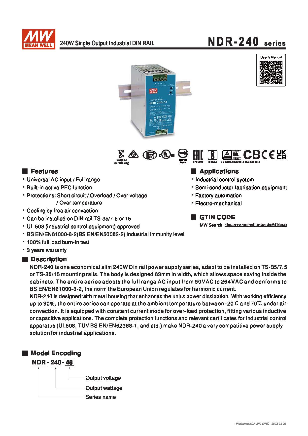 (Meanwell)Industrial DIN-Rail Power adapter 240W Single Output Industrial DIN RAIL NDR-240-24