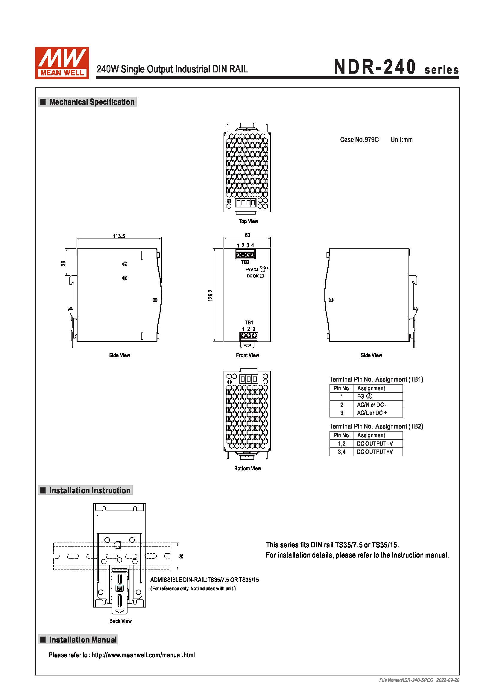 (Meanwell)Industrial DIN-Rail Power adapter 240W Single Output Industrial DIN RAIL NDR-240-24