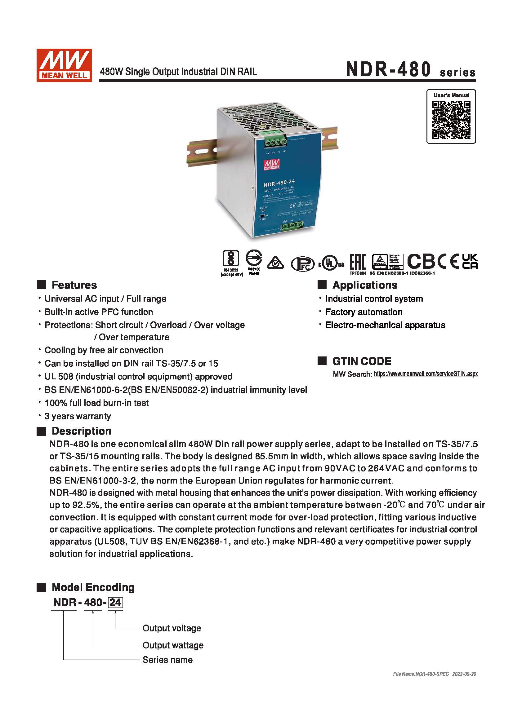 (Meanwell)Industrial DIN-Rail Power adapter 480W Single Output Industrial DIN RAIL NDR-480-48