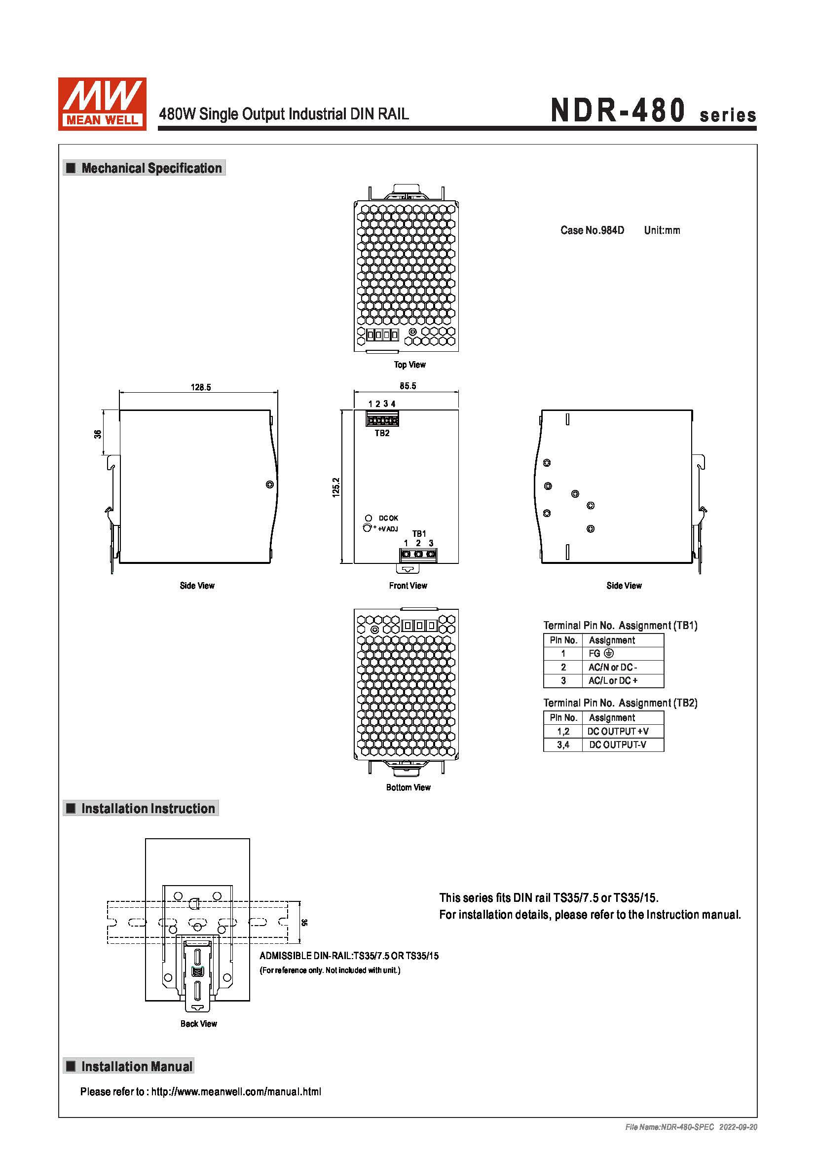 (Meanwell)Industrial DIN-Rail Power adapter 480W Single Output Industrial DIN RAIL NDR-480-48