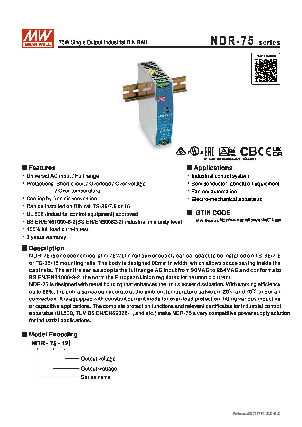 (Meanwell)Industrial DIN-Rail Power adapter 75W Single Output Industrial DIN RAIL NDR-75-24