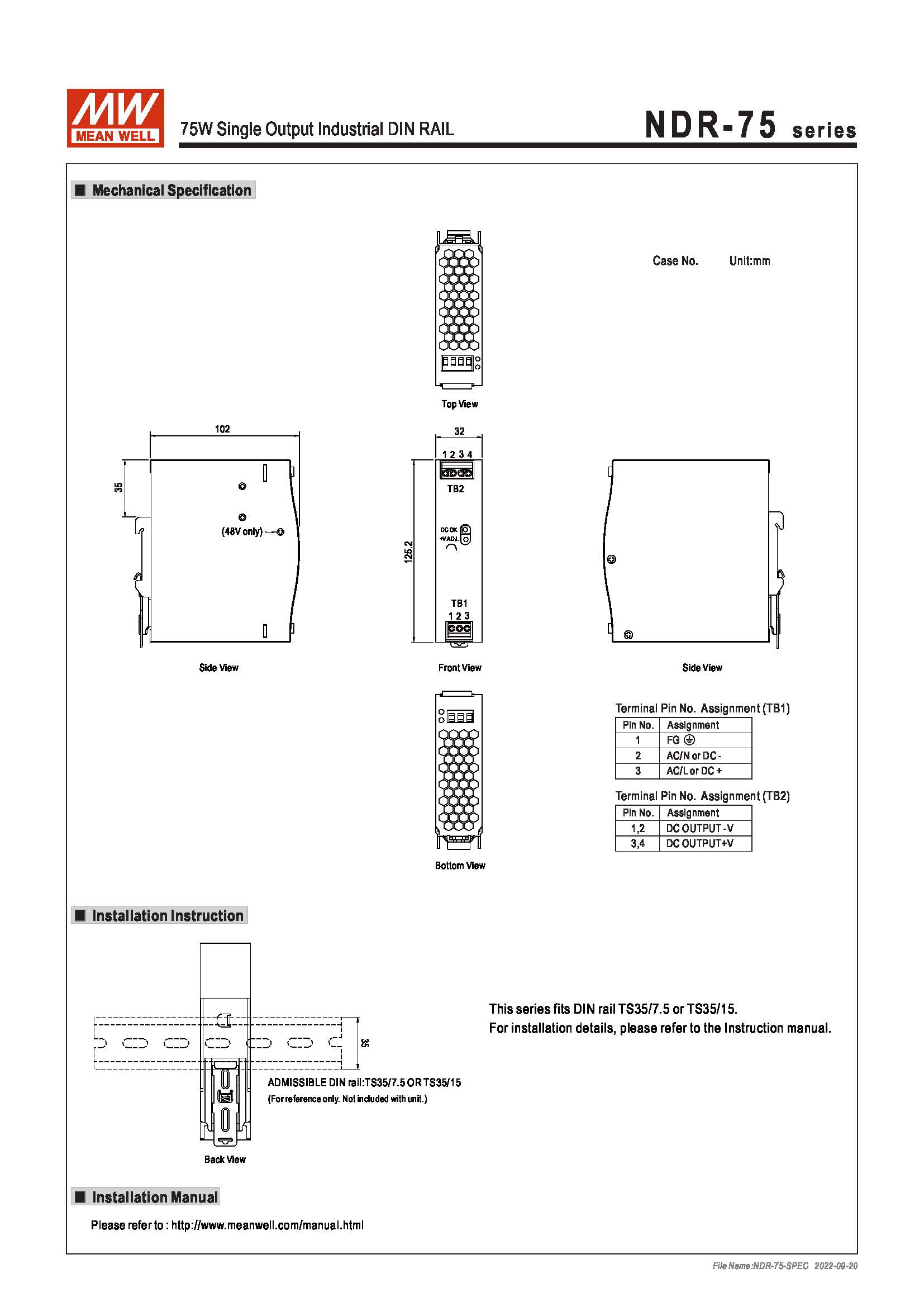 (Meanwell)Industrial DIN-Rail Power adapter 75W Single Output Industrial DIN RAIL NDR-75-24