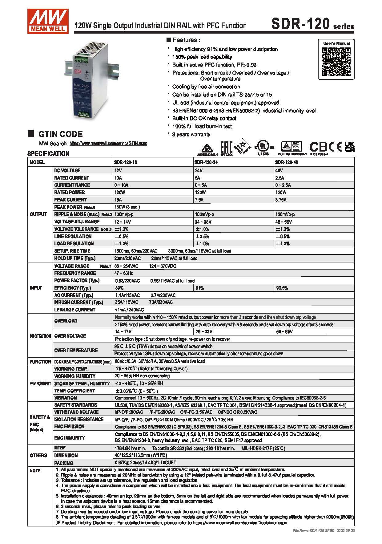 (Meanwell)Industrial DIN-Rail Power adapter 120W Single Output Industrial DIN RAIL with PFC Function SDR-120-48