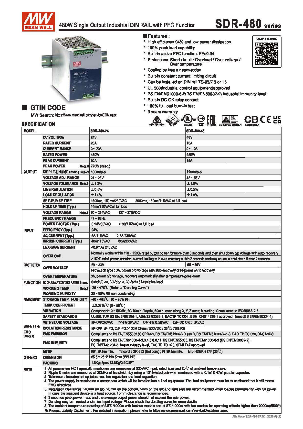 (Meanwell)Industrial DIN-Rail Power adapter 480W Single Output Industrial DIN RAIL with PFC Function SDR-480-24