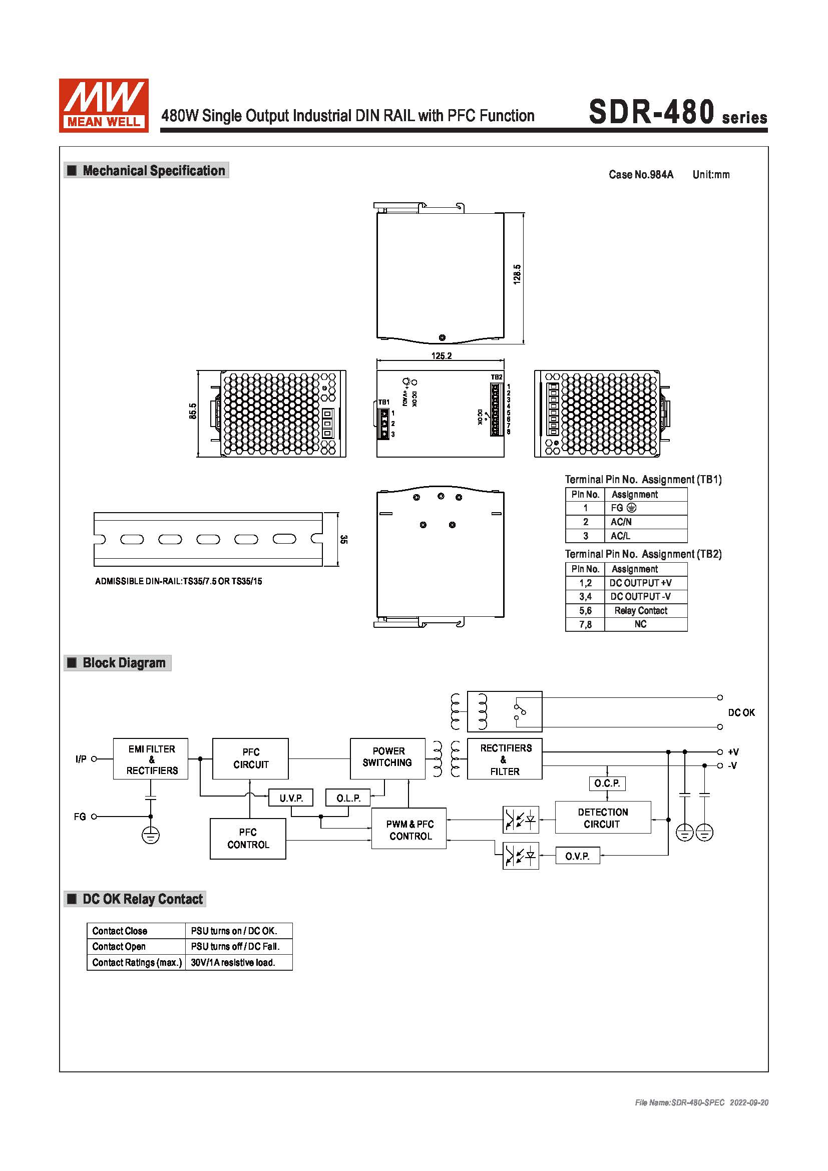 (Meanwell)Industrial DIN-Rail Power adapter 480W Single Output Industrial DIN RAIL with PFC Function SDR-480-24