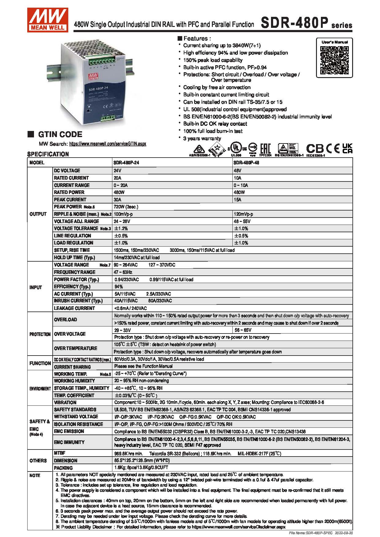 (Meanwell)Industrial DIN-Rail Power adapter 480W Single Output Industrial DIN RAIL with PFC and Parallel Function SDR-480P-48