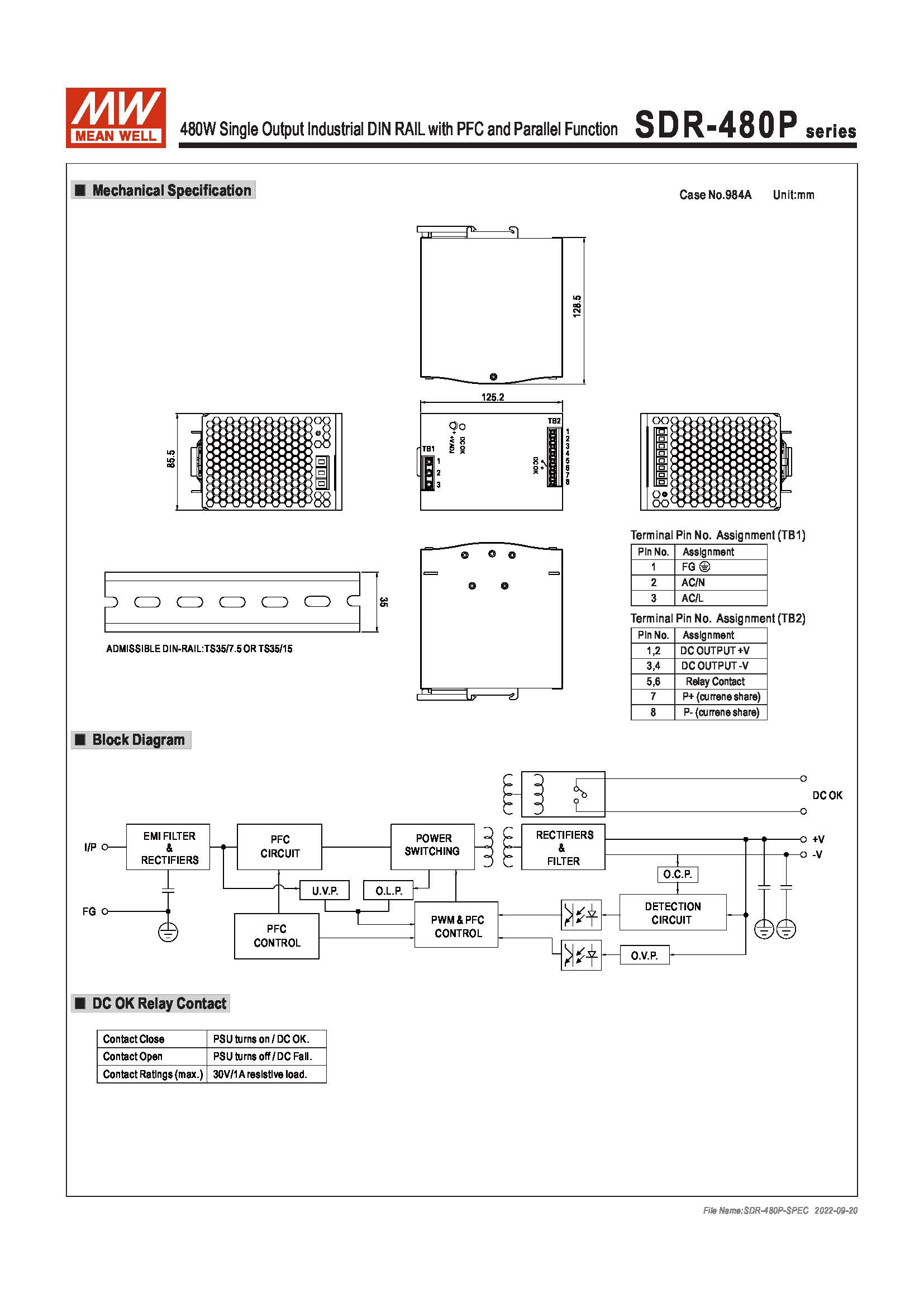 (Meanwell)Industrial DIN-Rail Power adapter 480W Single Output Industrial DIN RAIL with PFC and Parallel Function SDR-480P-48