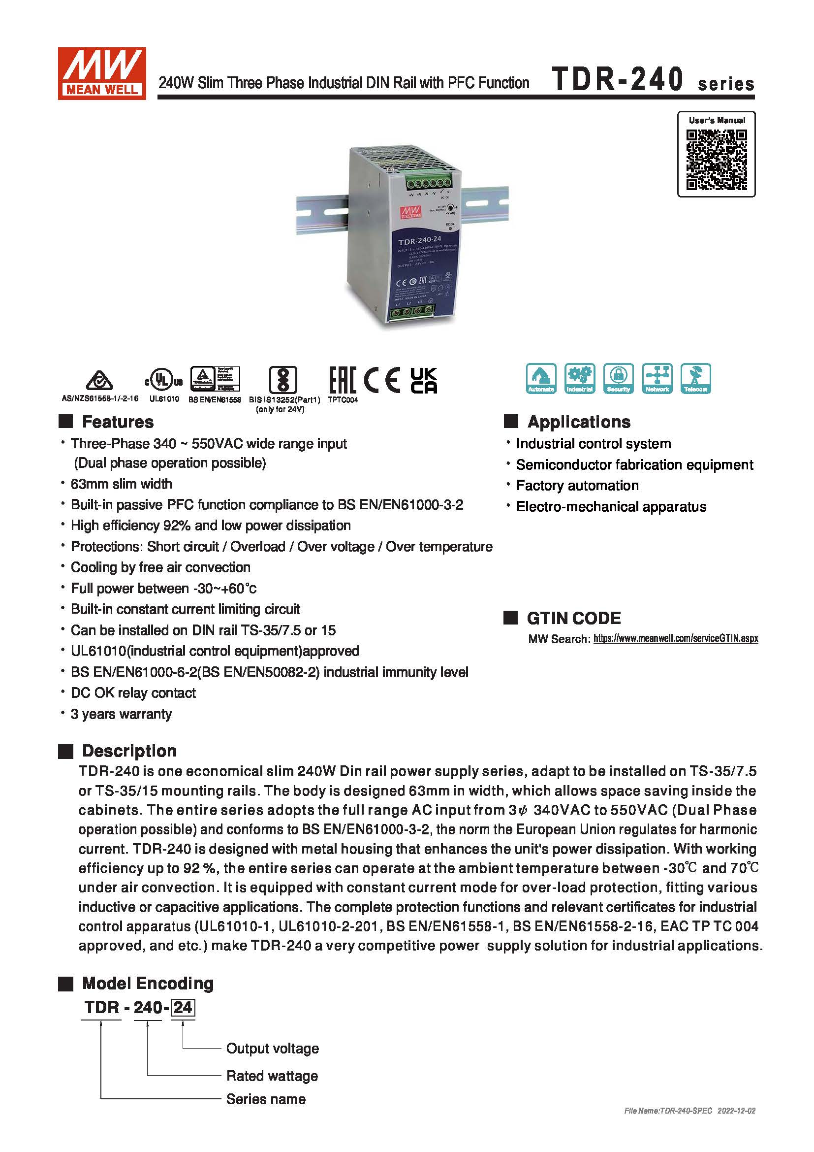 (Meanwell)Industrial DIN-Rail Power adapter 240W Slim Three Phase Industrial DIN Rail with PFC Function TDR-240-48