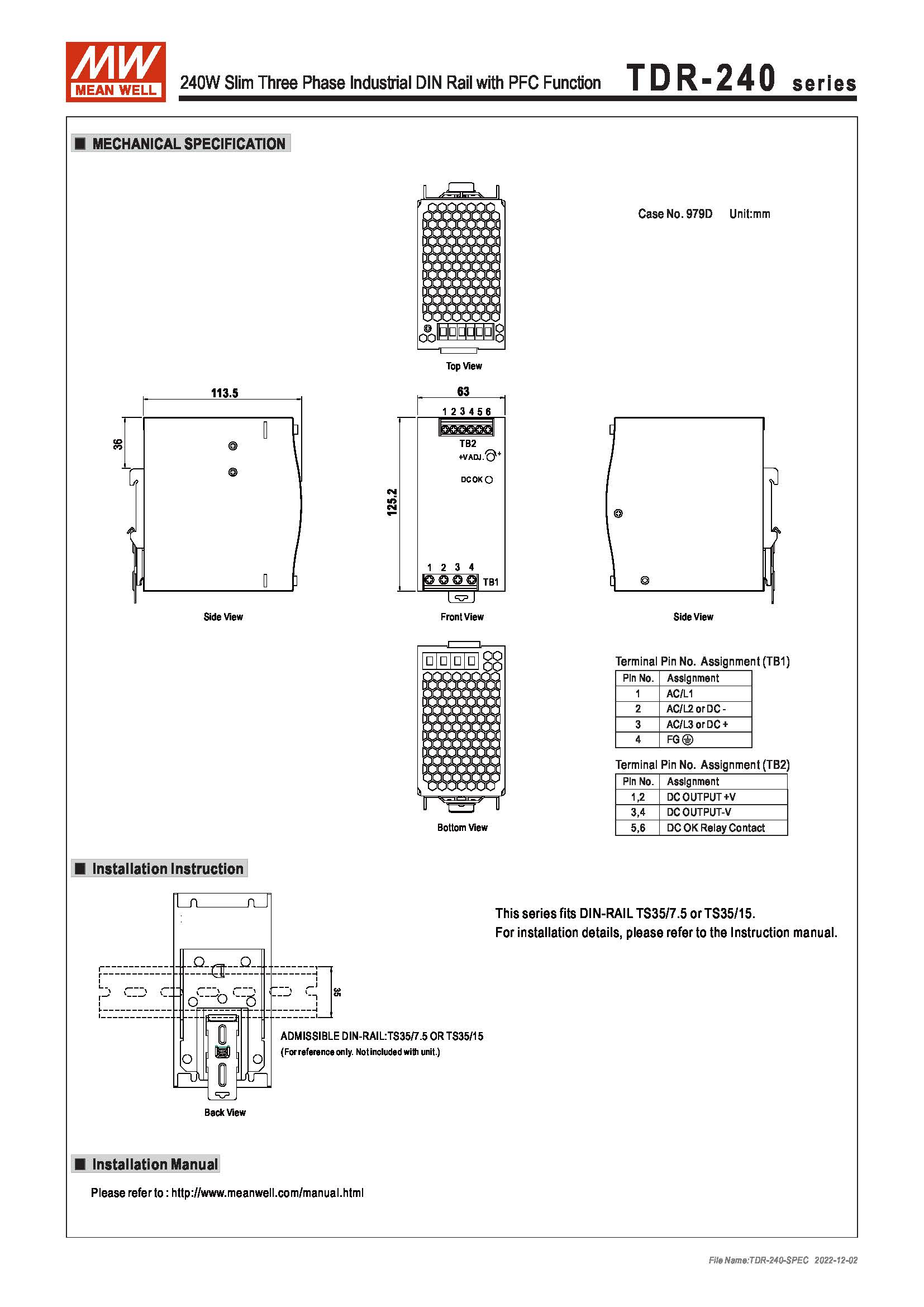 (Meanwell)Industrial DIN-Rail Power adapter 240W Slim Three Phase Industrial DIN Rail with PFC Function TDR-240-48