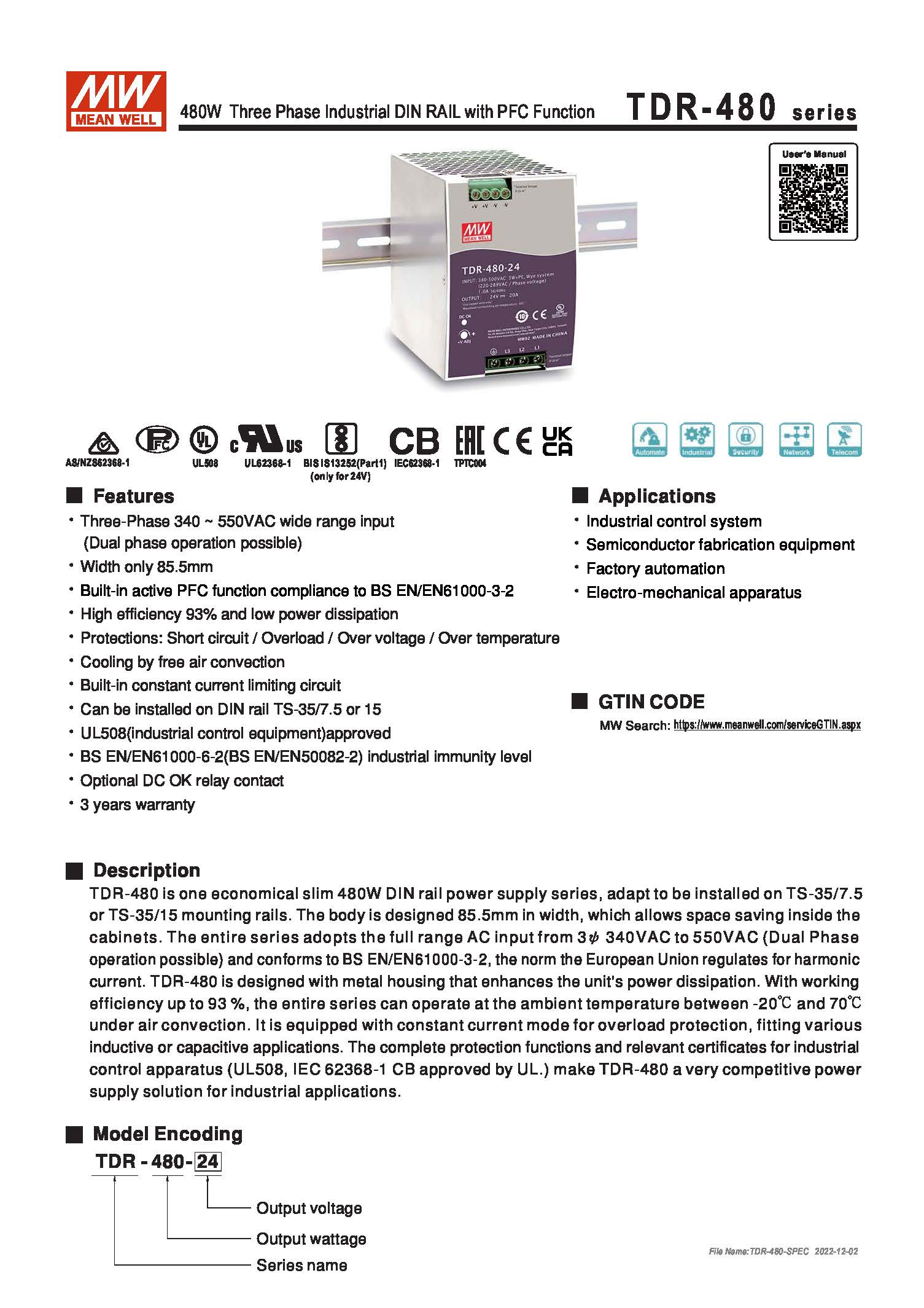(Meanwell)Industrial DIN-Rail Power adapter 480W Three Phase Industrial DIN RAIL with PFC Function TDR-480-48