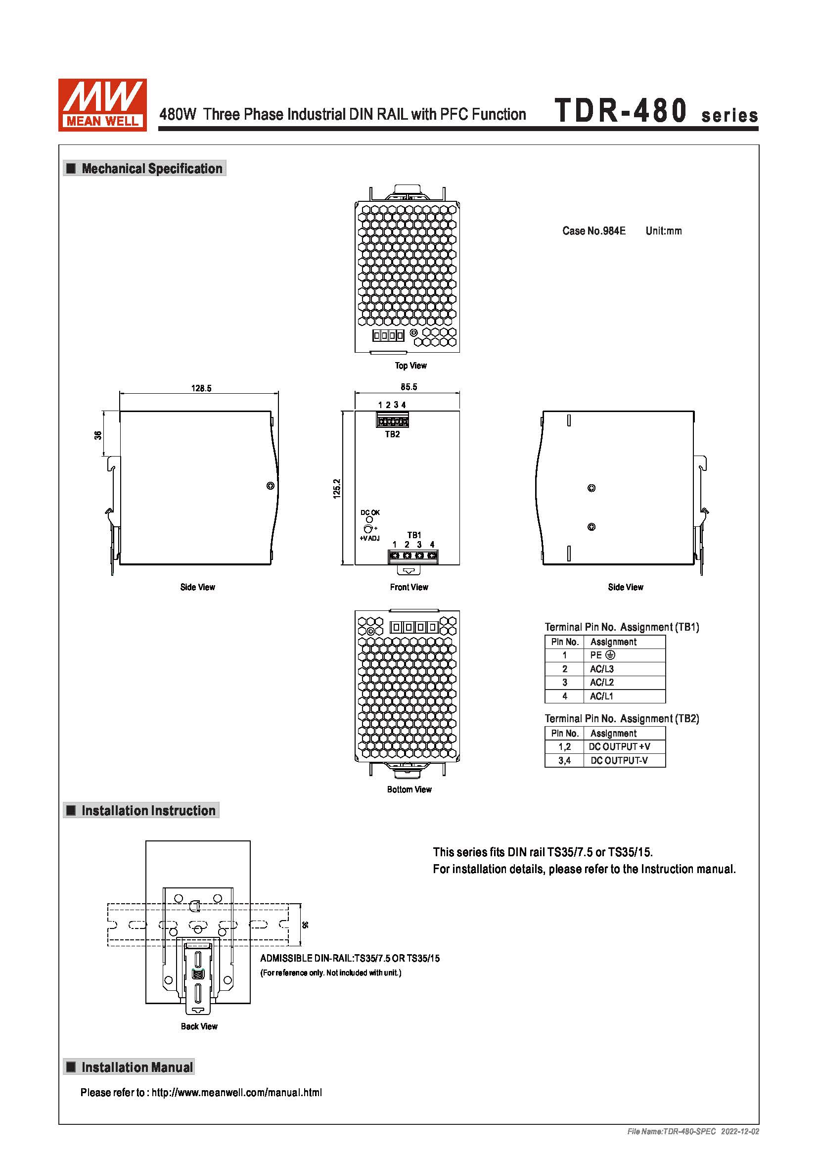 (Meanwell)Industrial DIN-Rail Power adapter 480W Three Phase Industrial DIN RAIL with PFC Function TDR-480-48