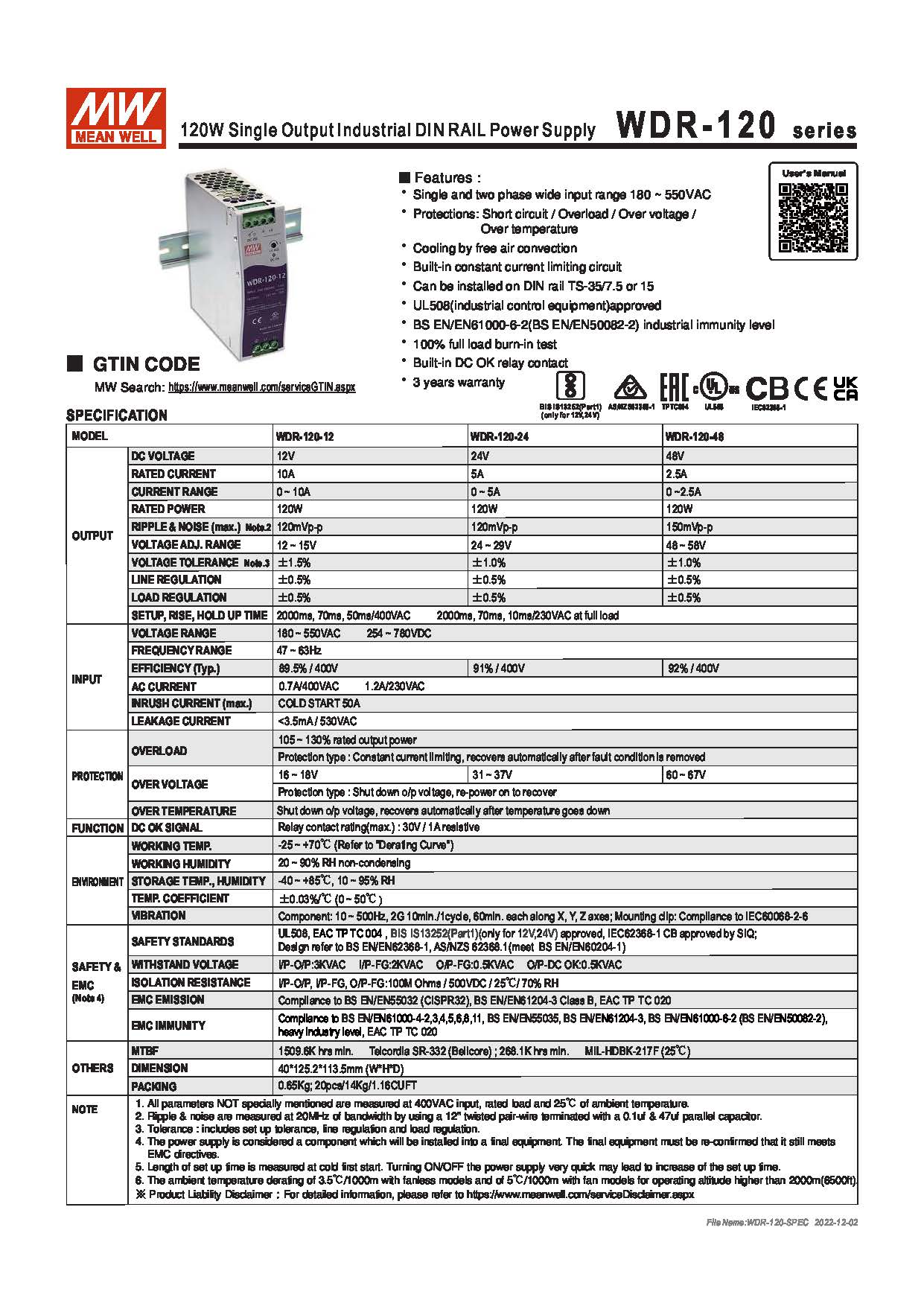 (Meanwell)Industrial DIN-Rail Power adapter 120W Single Output Industrial DIN RAIL Power Supply WDR-120-24