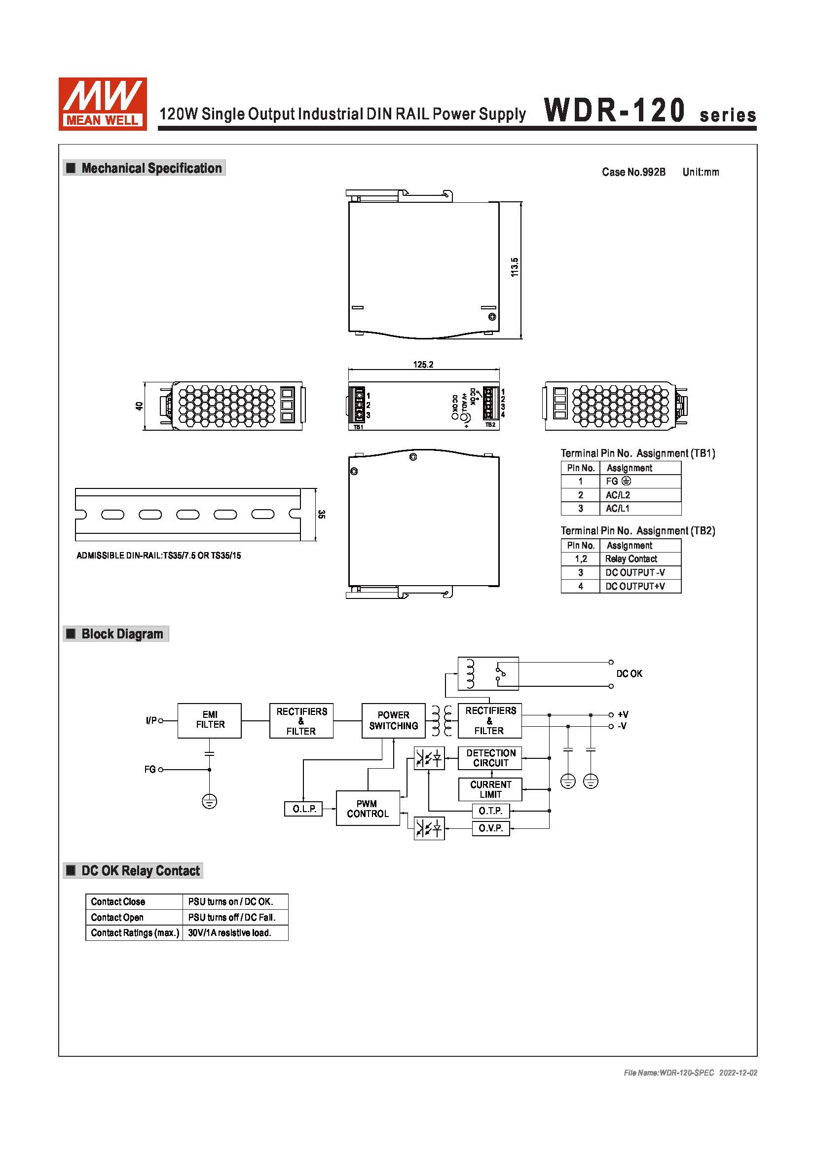 (Meanwell)Industrial DIN-Rail Power adapter 120W Single Output Industrial DIN RAIL Power Supply WDR-120-24